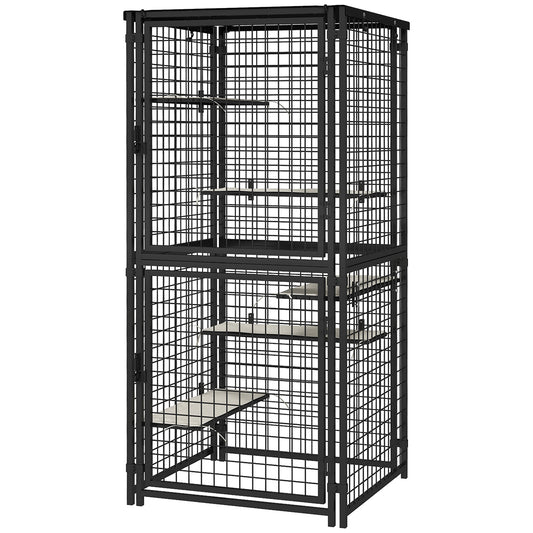 71"H Large Cat Cage, Multi-Level Catio Outdoor Cat Enclosure with UV-and Water Resistant Cover, 5 Platforms, Soft Pads, Double Doors, Metal for Indoor Outdoor Use, Black