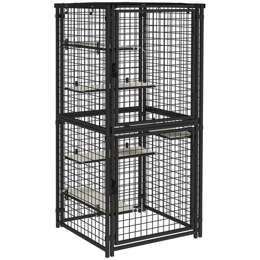 71"H Large Cat Cage, Multi-Level Catio Outdoor Cat Enclosure with UV-and Water Resistant Cover, 5 Platforms, Soft Pads, Double Doors, Metal for Indoor Outdoor Use, Black
