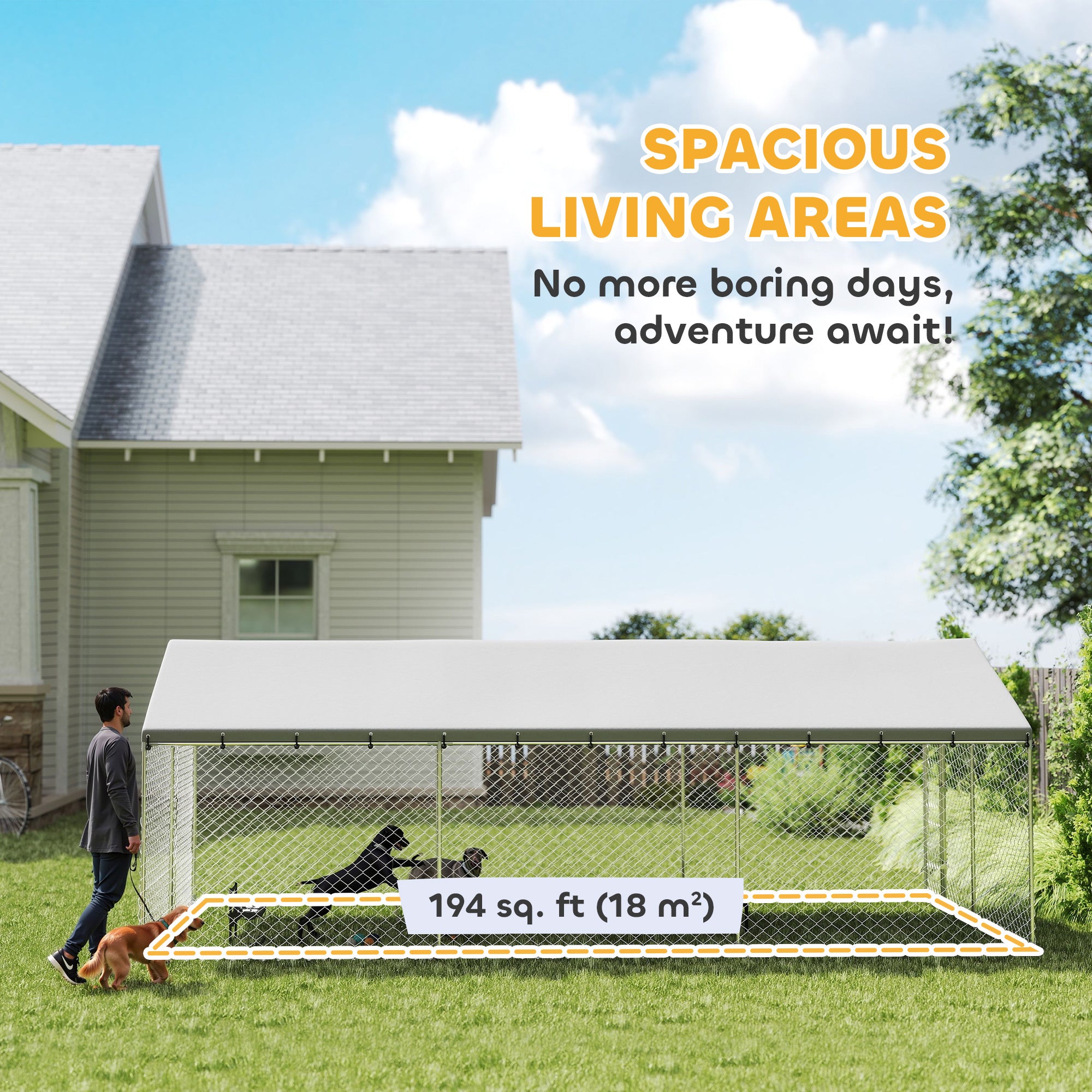Outdoor Dog Kennel, 20' x 10' x 7', Heavy Duty Large Dog Kennel Outside w/ Waterproof Roof, Galvanized Chain Link Pet Enclosure w/ 2 Secure Locks, for Large Breed, Chicken, Duck