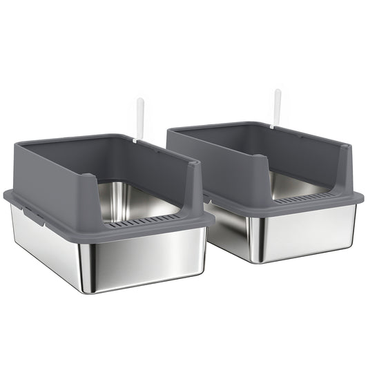2 Pack XL Stainless Steel Litter Box, Extra Large Metal Cat Litter Box High Sided for Big and Multiple Cats, Semi-Enclosed with Scoops, Anti-Urine Leakage