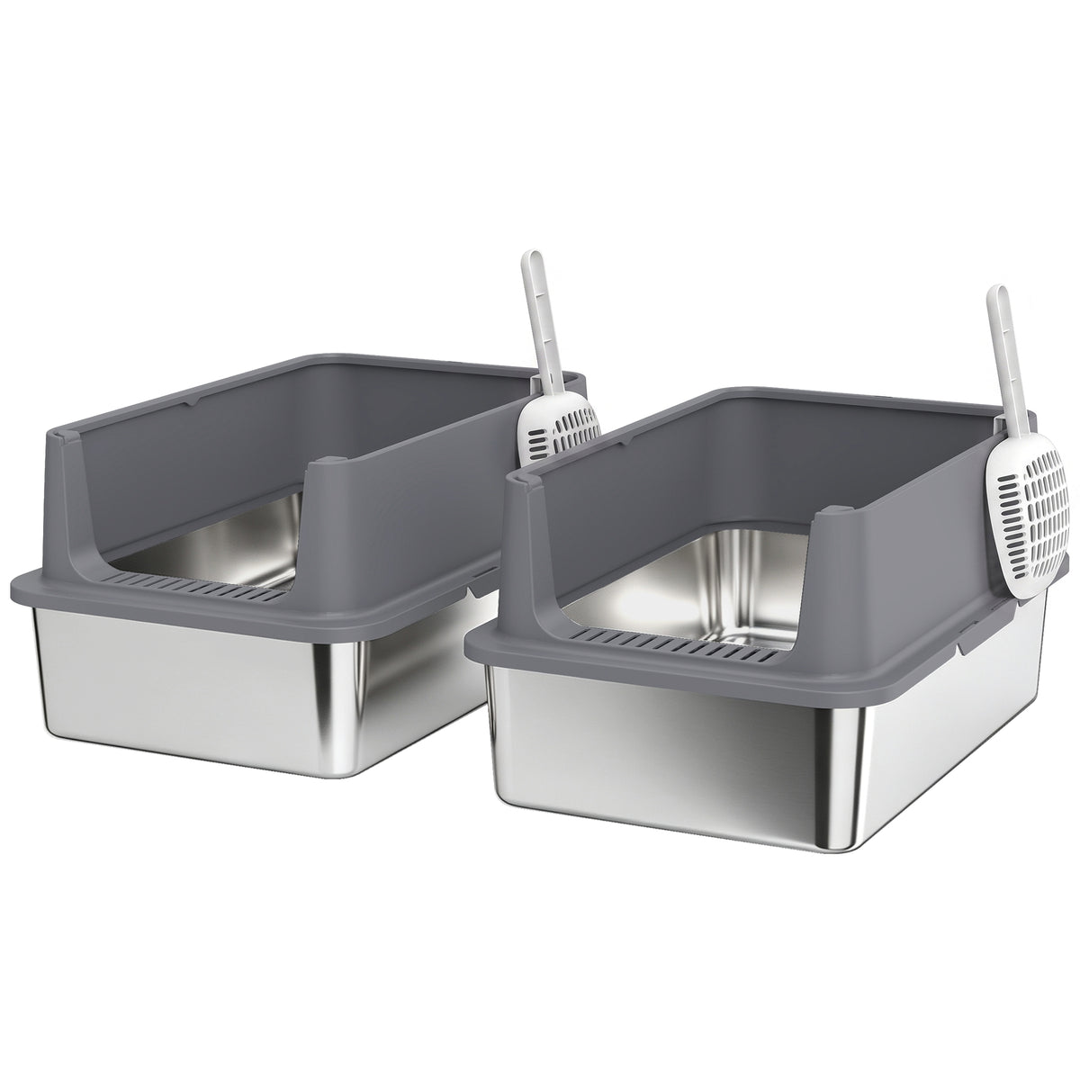 2 Pack XL Stainless Steel Litter Box, Extra Large Metal Cat Litter Box High Sided for Big and Multiple Cats, Semi-Enclosed with Scoops, Anti-Urine Leakage