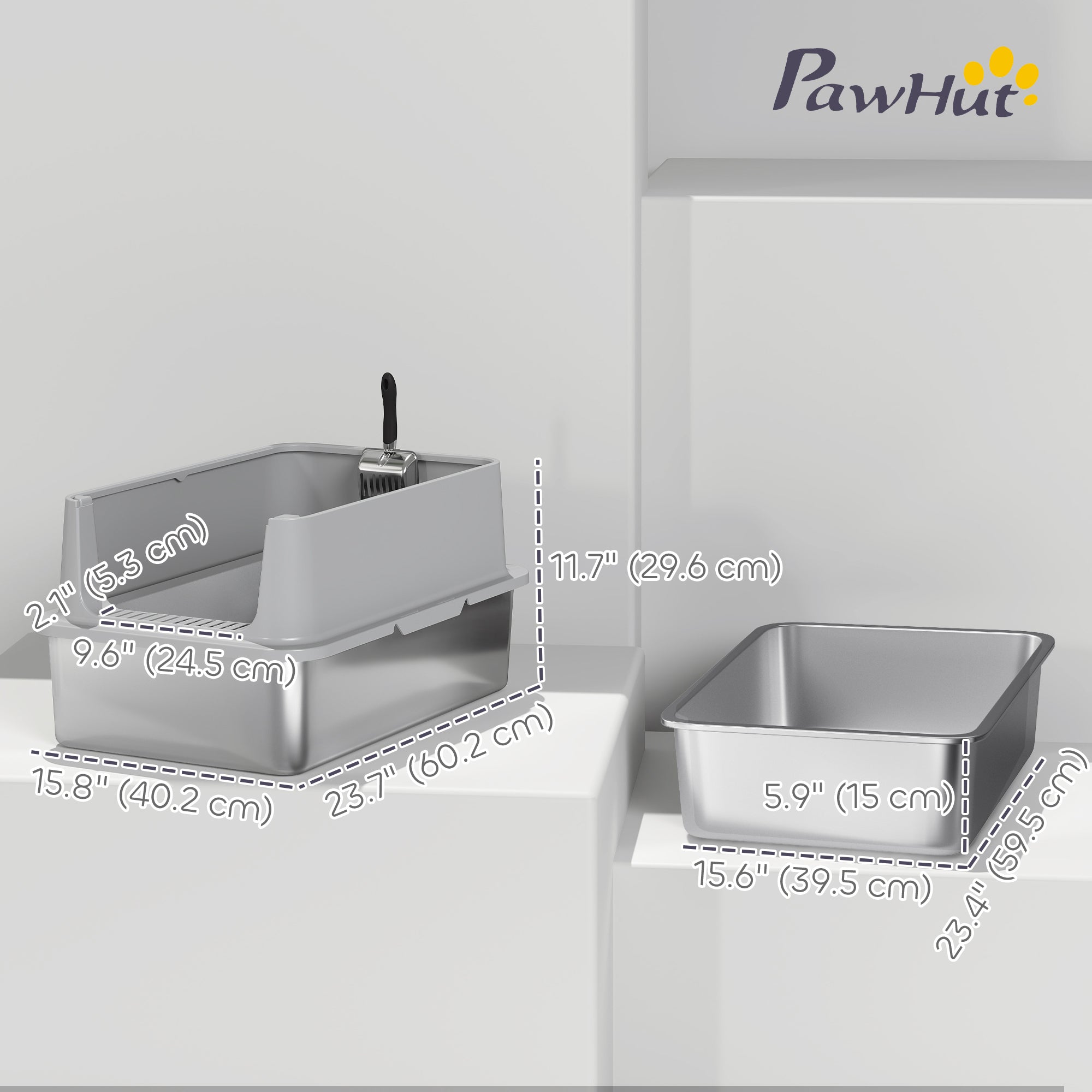 Stainless Steel Cat Litter Box, XL Kitty Litter Box for Big and Multiple Cats with High Wall Side, Scoop, Anti-Leakage, Easy Cleaning & Odor Free
