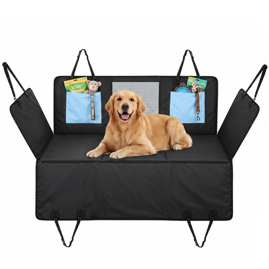 Dog Car Seat Cover, Waterproof Dog Travel Hammock with Non-Slip & Anti-Scratch Surface, Mesh Window and Pockets, Foldable Back Seat Cover for Cars, Trucks and SUVs, Blue