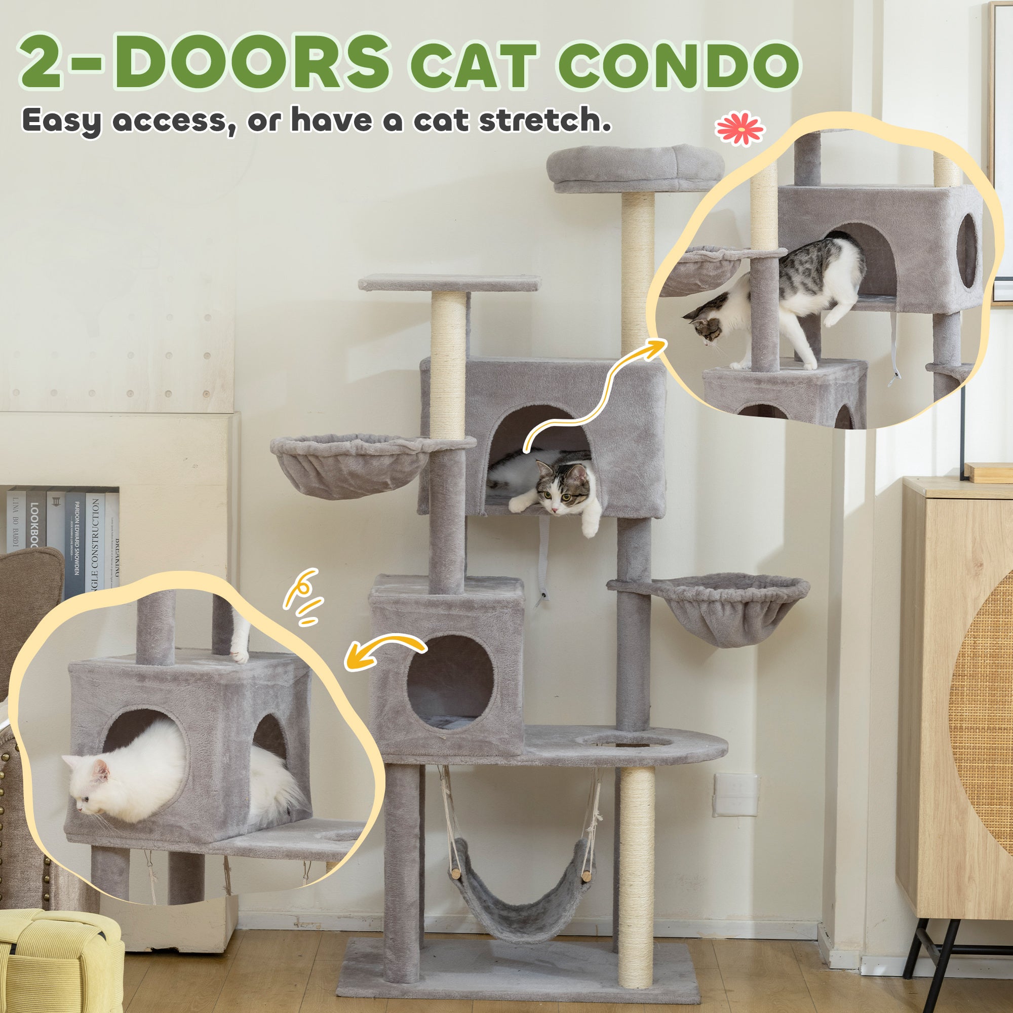 Cat Tree, 66 Inch Large Cat Tower with 2 Door Condos, 3 Big Hammocks, Plush Top Perch, Sisal Scratching Posts, Multi-level Kitty Tree for Indoor Kittens, Light Grey