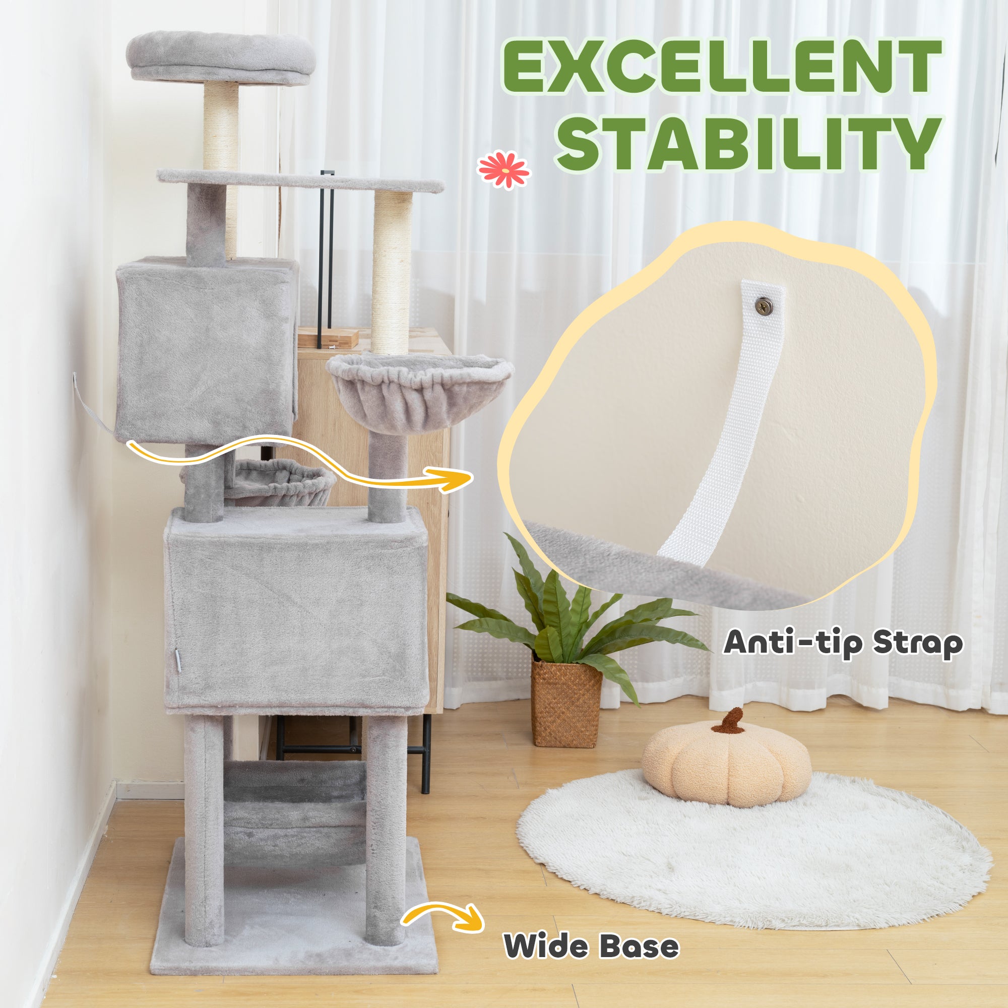 Cat Tree, 66 Inch Large Cat Tower with 2 Door Condos, 3 Big Hammocks, Plush Top Perch, Sisal Scratching Posts, Multi-level Kitty Tree for Indoor Kittens, Light Grey