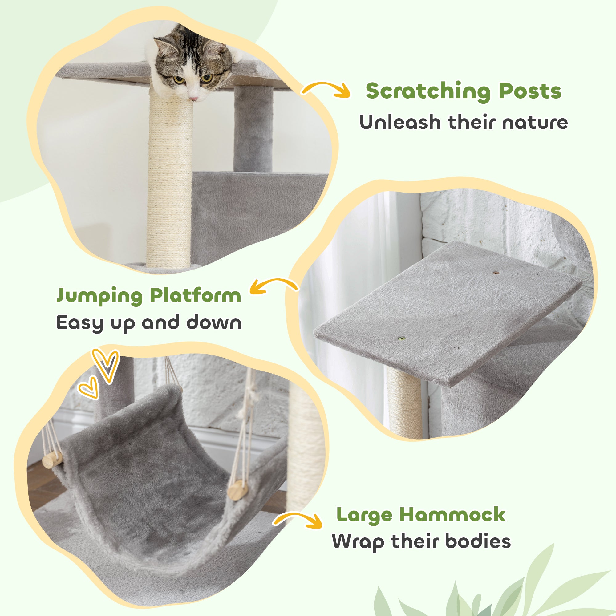 Cat Tree, 66 Inch Large Cat Tower with 2 Door Condos, 3 Big Hammocks, Plush Top Perch, Sisal Scratching Posts, Multi-level Kitty Tree for Indoor Kittens, Light Grey