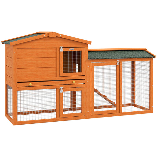 Two-Level Rabbit Hutch Small Animal House Pet Bunny Cage Home w/ Outdoor Run Water & UV Resistant Roof Access Ramp Natural Finish Guinea Pig Bunny Hamster Habitat, Orange