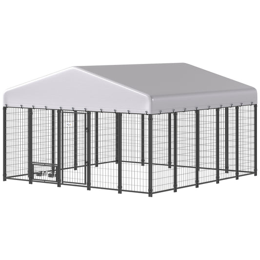 9.8' x 9.8' x 6' Outdoor Dog Kennel, Welded Wire Dog Kennel Outside Run with 360° Rotating Bowls, Waterproof & UV Resistant Cover, for S&M&L Breeds, Chickens, Ducks, Sliver