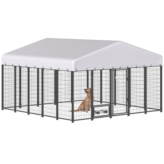9.8' x 9.8' x 6' Outdoor Dog Kennel, Welded Wire Dog Kennel Outside Run with 360° Rotating Bowls, Waterproof & UV Resistant Cover, for S&M&L Breeds, Chickens, Ducks, Sliver