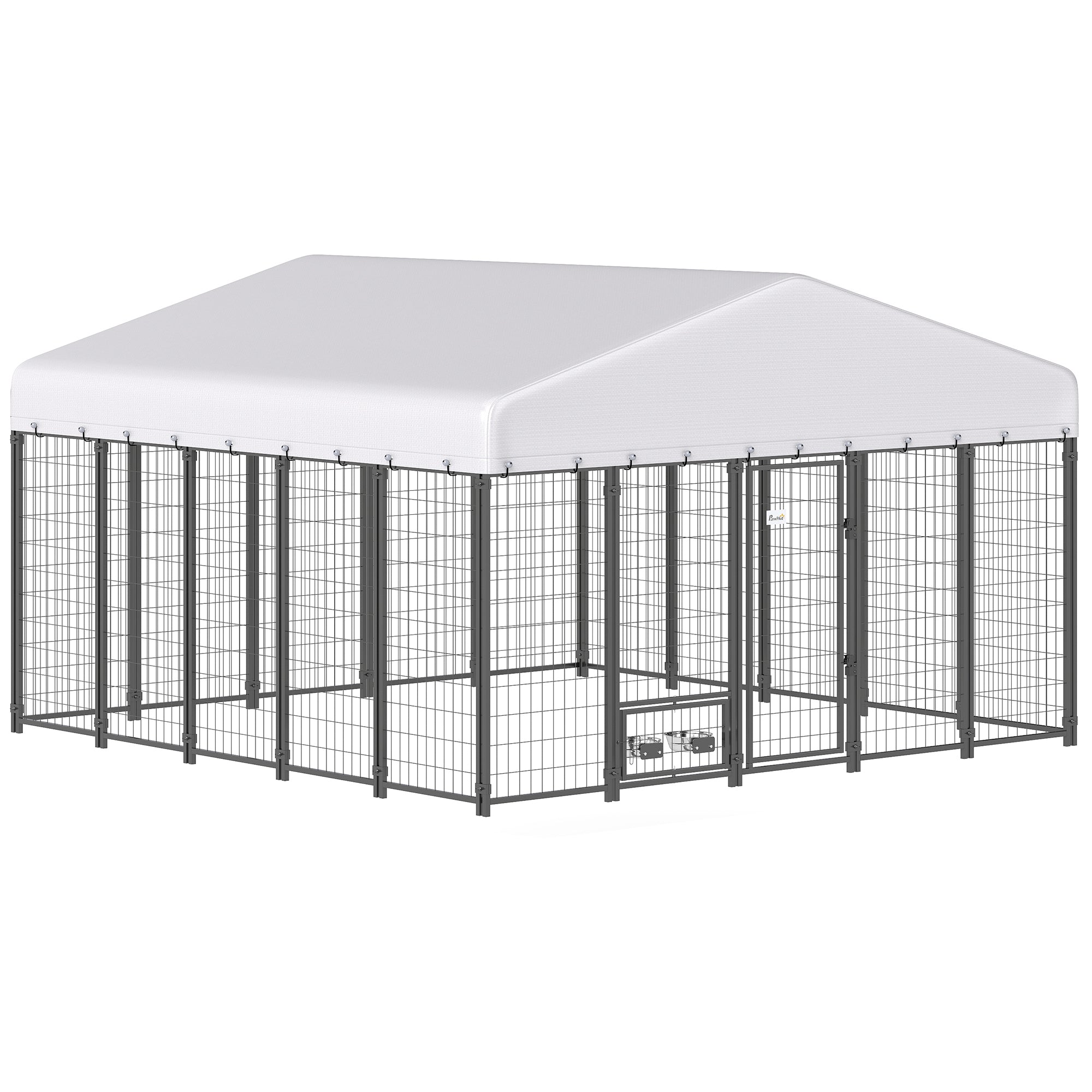 9.8' x 9.8' x 6' Outdoor Dog Kennel, Welded Wire Dog Kennel Outside Run with 360° Rotating Bowls, Waterproof & UV Resistant Cover, for S&M&L Breeds, Chickens, Ducks, Sliver