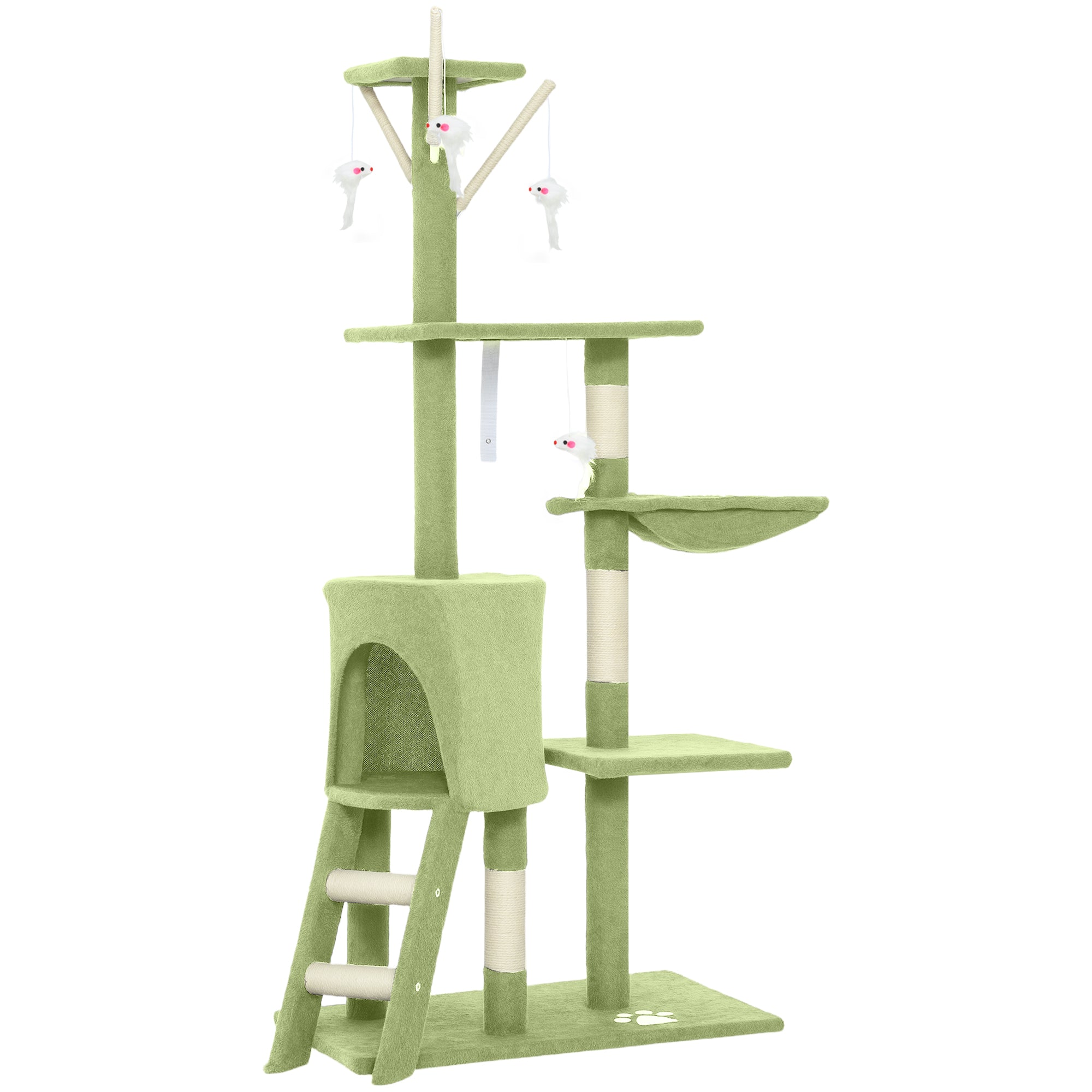 Cat Tree, 53" Cat Tower for Indoor Kittens with Sisal Scratching Posts, Plush Perches, Condo, Hammock, Ladder, Dangling Toys, Multi-Level Kitty Activity Centre, Green