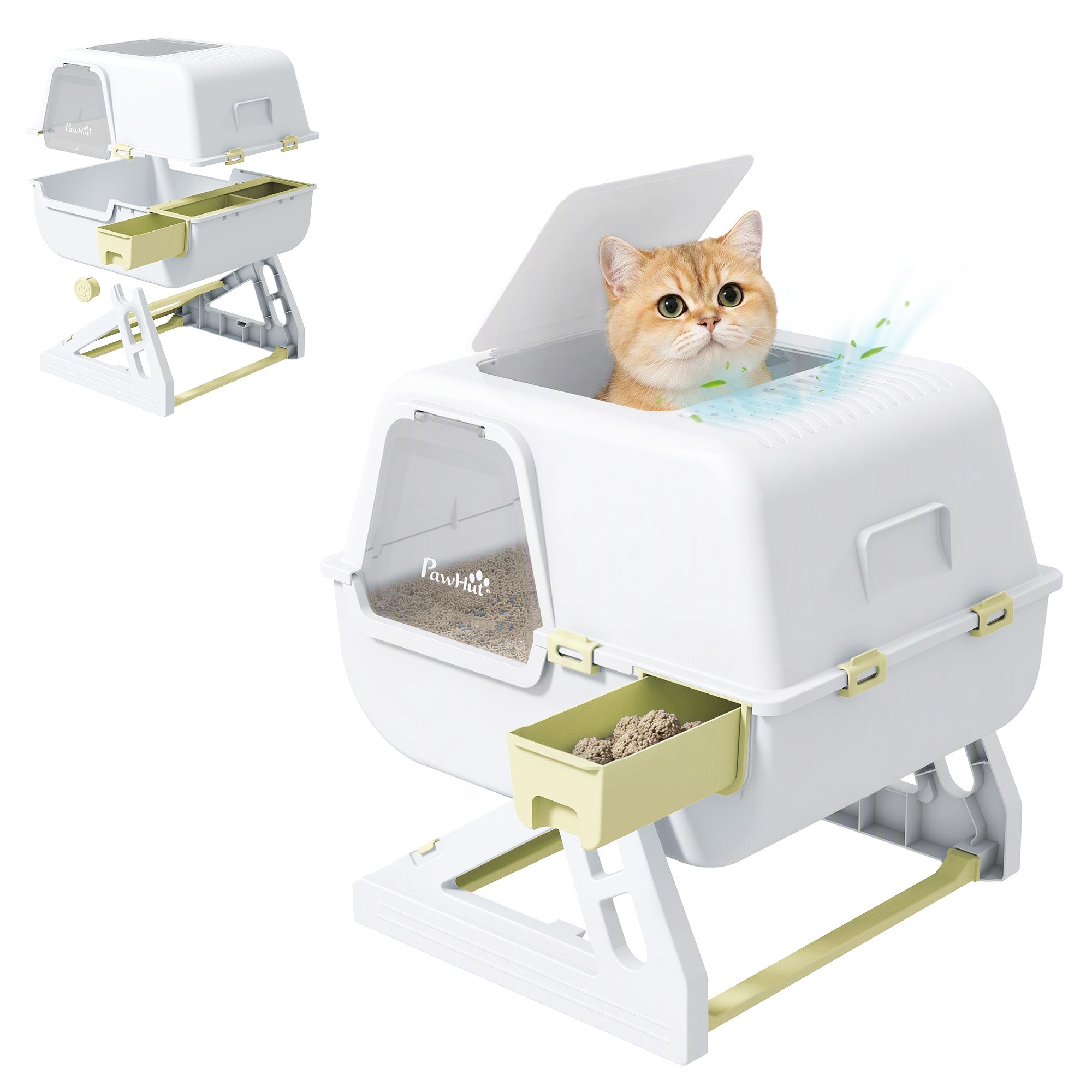 Cat Litter Box with Lid, Enclosed Cat Litter Box with Deodorization Bag & Drawer Pan, High Sides & Flip-to-Clean, Multi-Entry Design, Odor Control, Yellow
