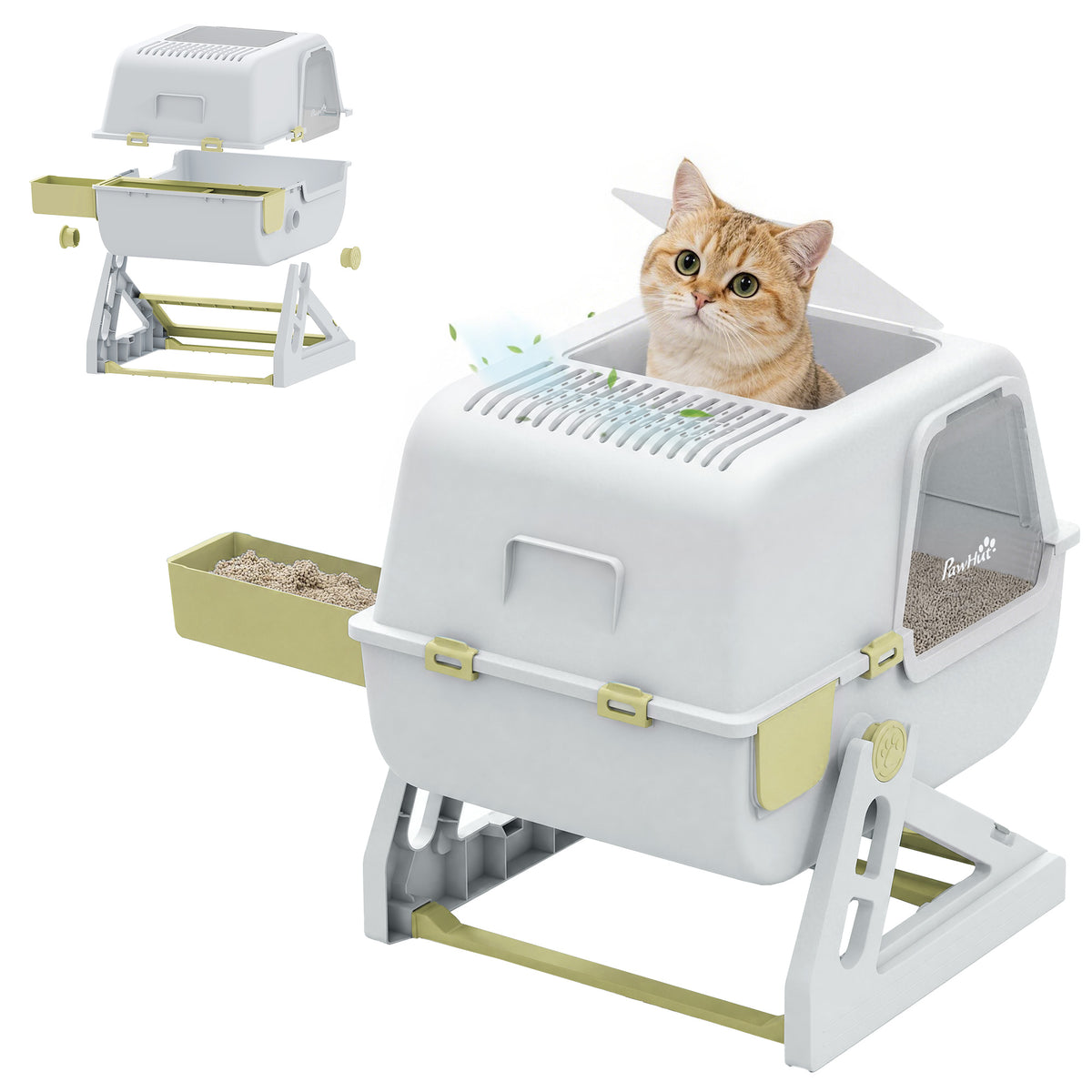 Cat Litter Box with Lid, Enclosed Cat Litter Box with Deodorization Bag & Drawer Pan, High Sides & Flip-to-Clean, Multi-Entry Design, Odor Control, Yellow