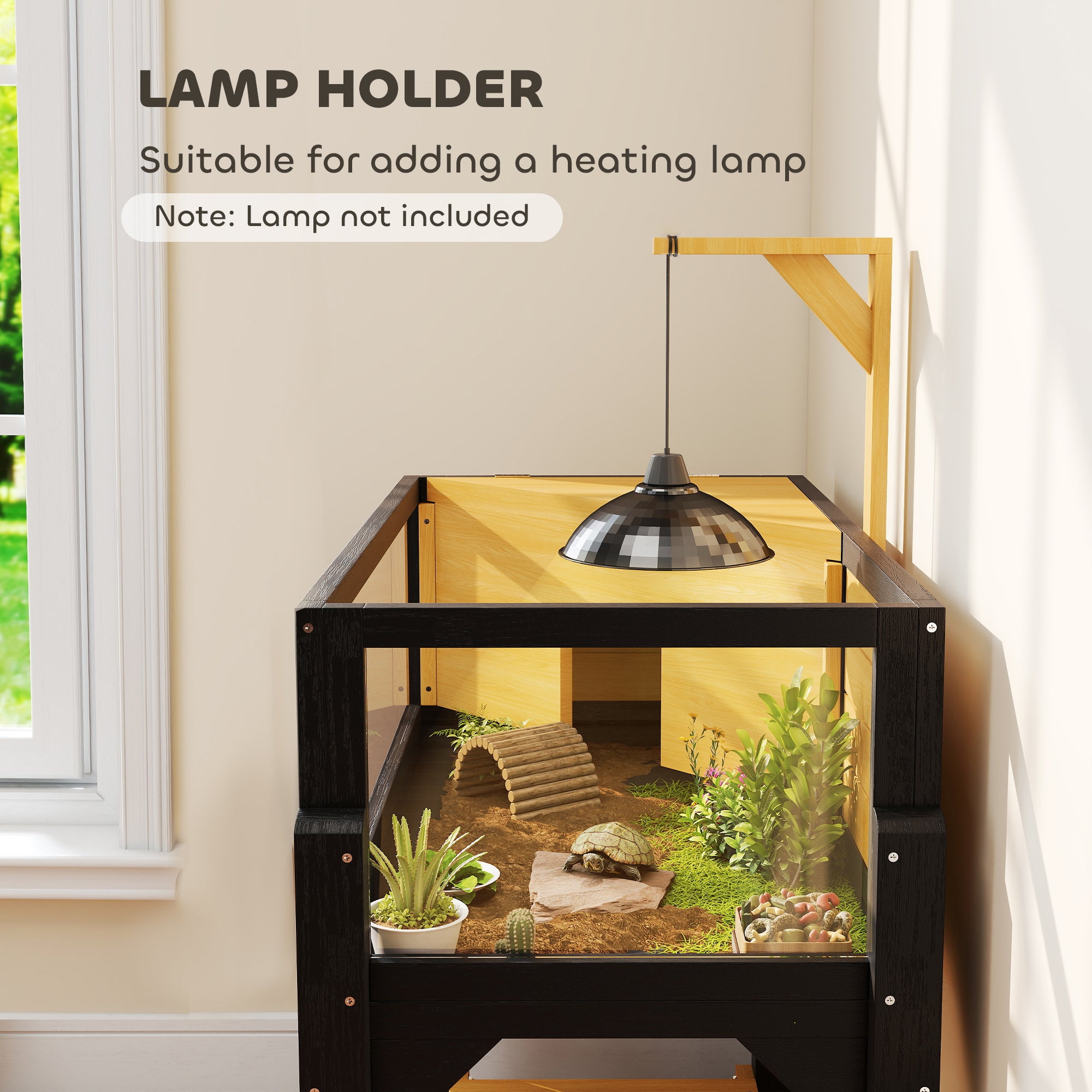 Tortoise Habitat with Storage Shelf, Wooden Tortoise Enclosure with Clear Windows, Lamp Holder, Openable Top, Built-in Tray, Reptile Cage for Indoor Outdoor Use, Yellow