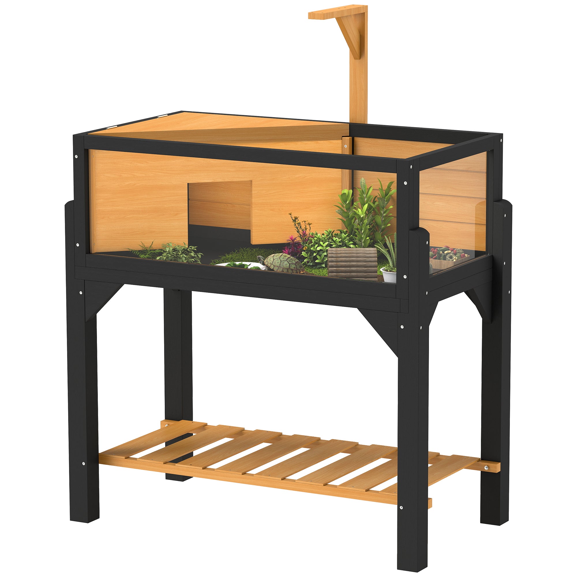 Tortoise Habitat with Storage Shelf, Wooden Tortoise Enclosure with Clear Windows, Lamp Holder, Openable Top, Built-in Tray, Reptile Cage for Indoor Outdoor Use, Yellow