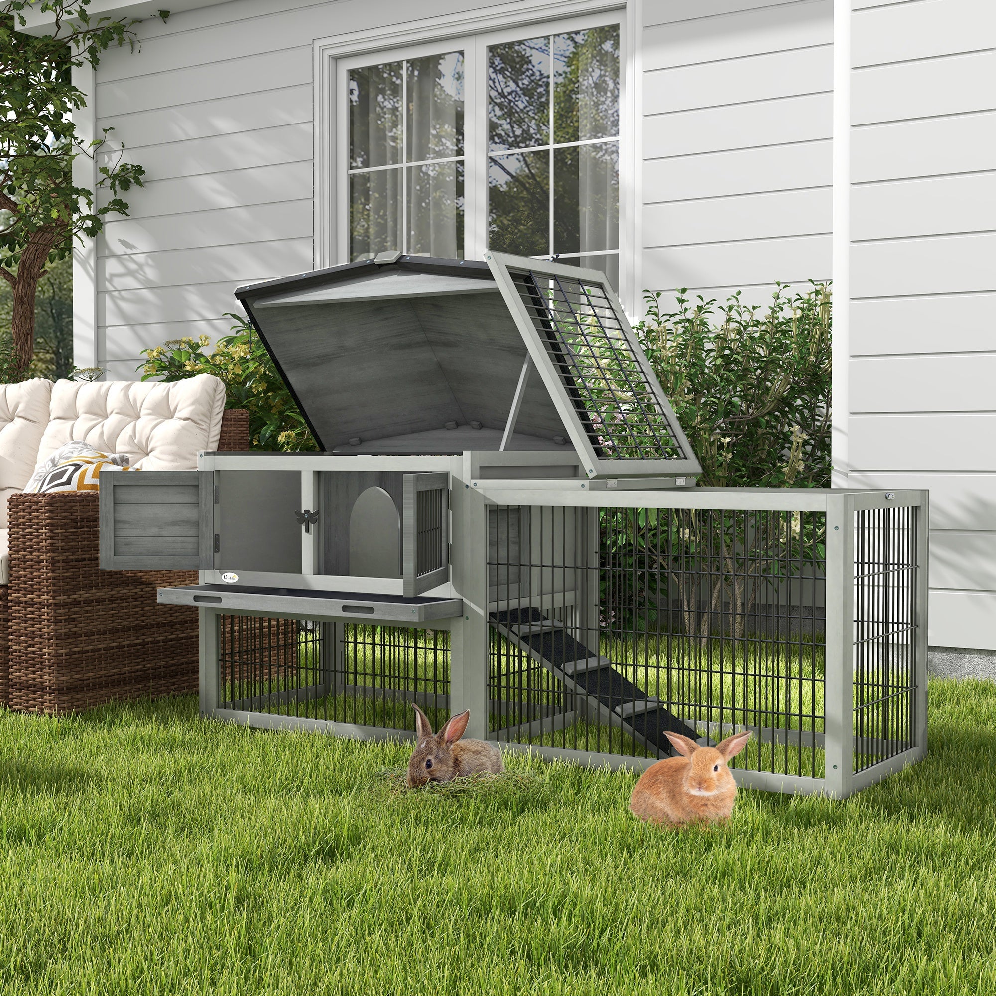 Solid Wood Rabbit Hutch Bunny Cage Pet Guinea Pig House Outdoor Small Animal Habitat w/ Ramp, Weather-Resistant Asphalt Openable Roof, Pull-out Tray, Light Grey