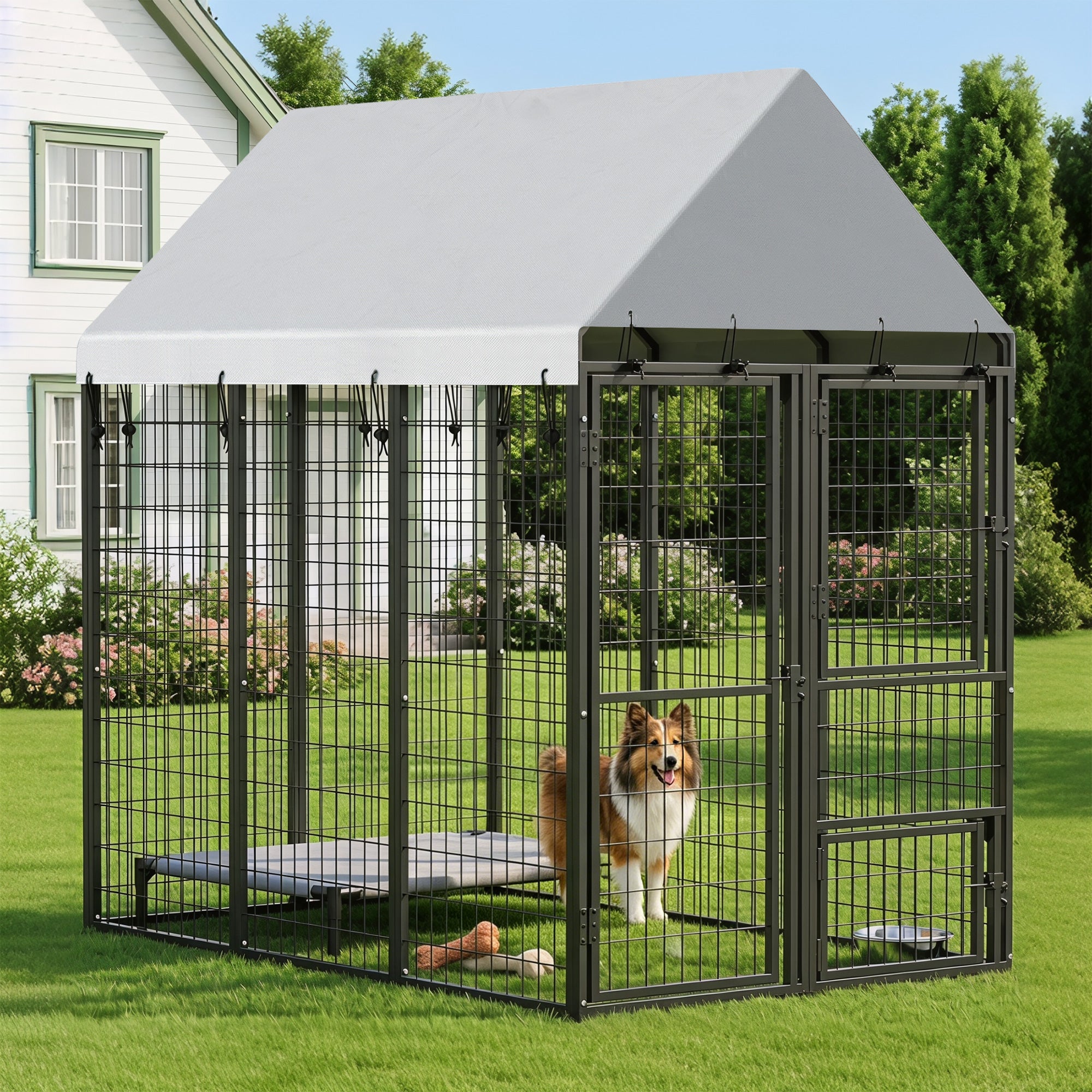 Large Dog Kennel Outdoor with Roof, 3 Doors, Expandable Heavy Duty Dog Kennel Outside Run Enclosure with Secure Lock, Removable Door, for Small Medium Large Pets, Chickens, Ducks, 6' x 4' x 6'
