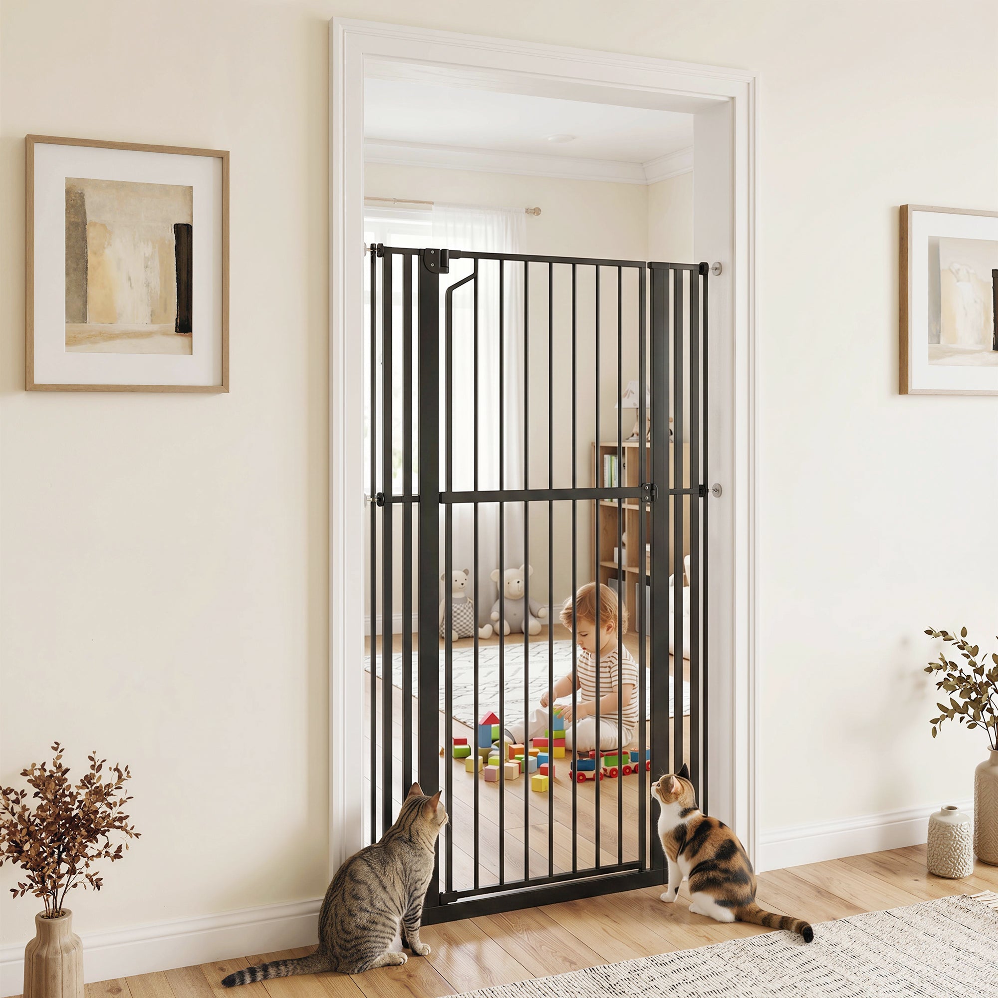 63" Extra Tall Pet Gate for Cats and Dogs, 30-41" Wide Adjustable Pressure Mounted Baby Gate for Doorways, Hallways, Stairs, Includes 2 Extensions, No Drilling, Auto Close