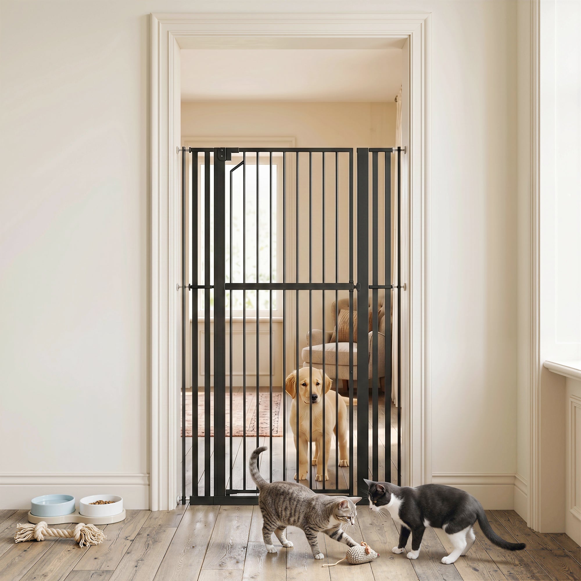63" Extra Tall Pet Gate for Cats and Dogs, 30-41" Wide Adjustable Pressure Mounted Baby Gate for Doorways, Hallways, Stairs, Includes 2 Extensions, No Drilling, Auto Close