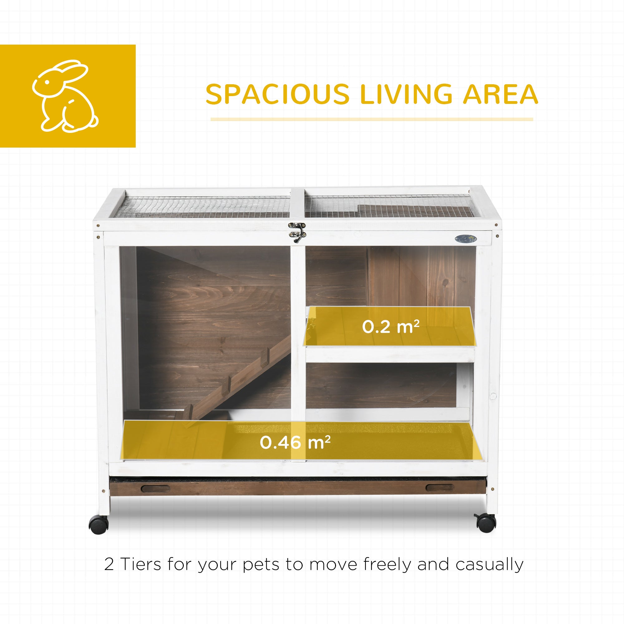 Rabbit Hutch Indoor Wooden Guinea Pig House Hamster Cage with Wheels, 2 Layers Bunny Cage with Openable Roof, 91.5 x 53.3 x 73 cm, Brown