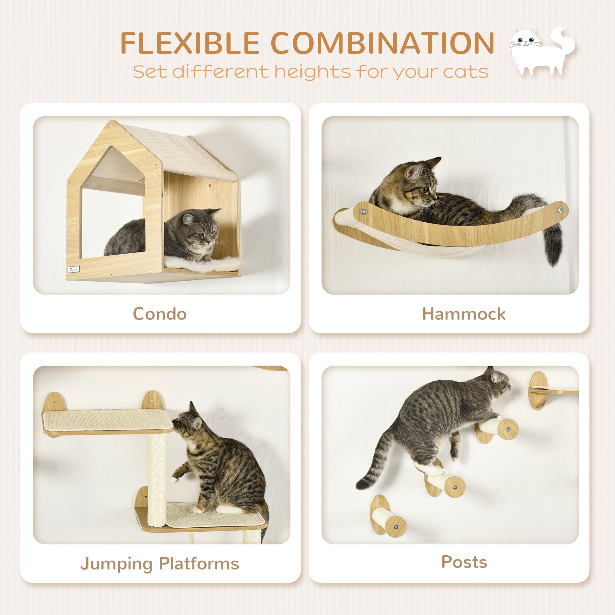 8 Piece Cat Shelves Set, Cat Wall Furniture with Condo, 3 Perches, 3 Scratching Posts, Steps, Wall Mounted Kitty Tree for Indoor Kittens, Beige