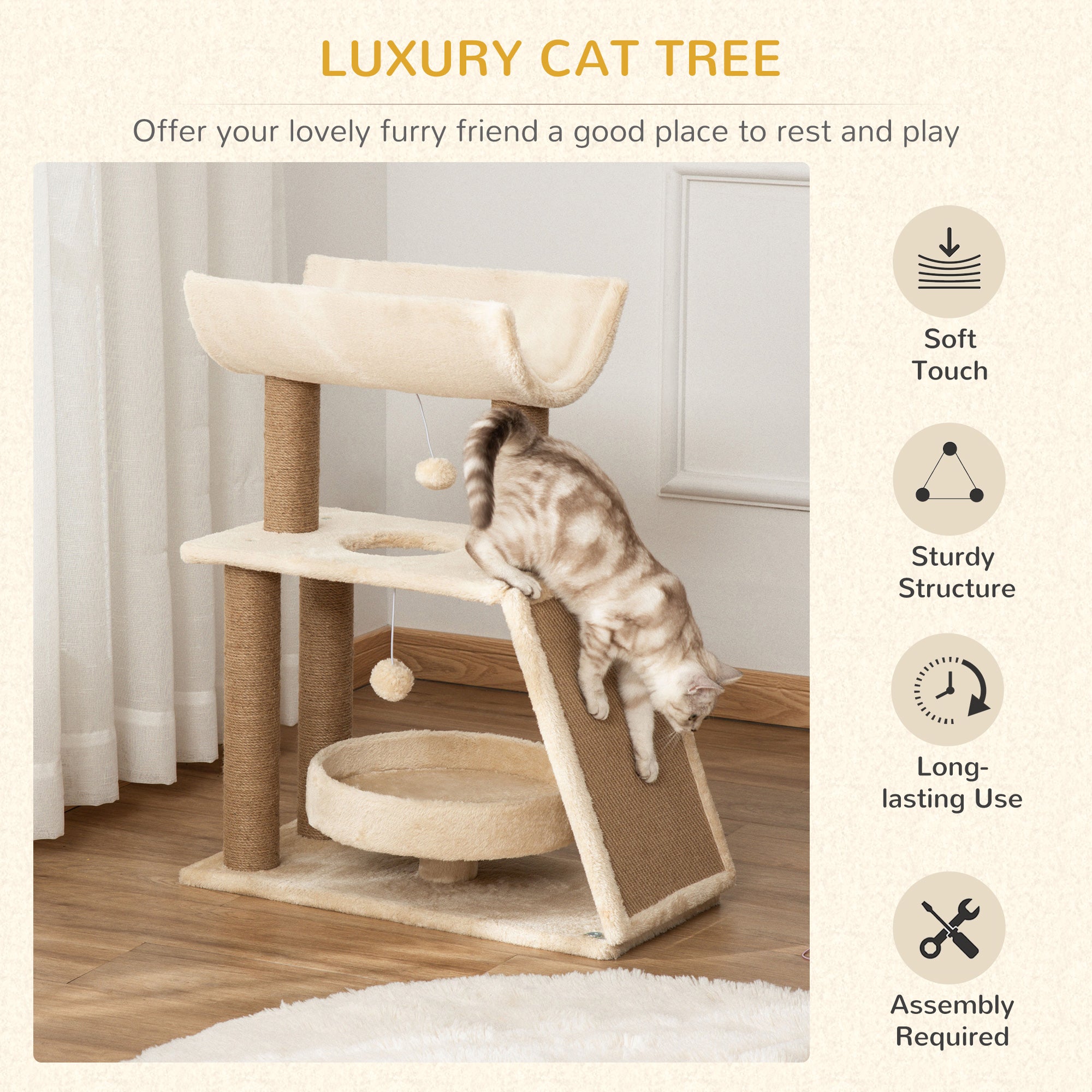 Cat Tree for Indoor Cats with Scratching Posts Pad, Kitten Tower with Bed Perch Ball Toy, 60 x 30 x 76 cm, Light Brown