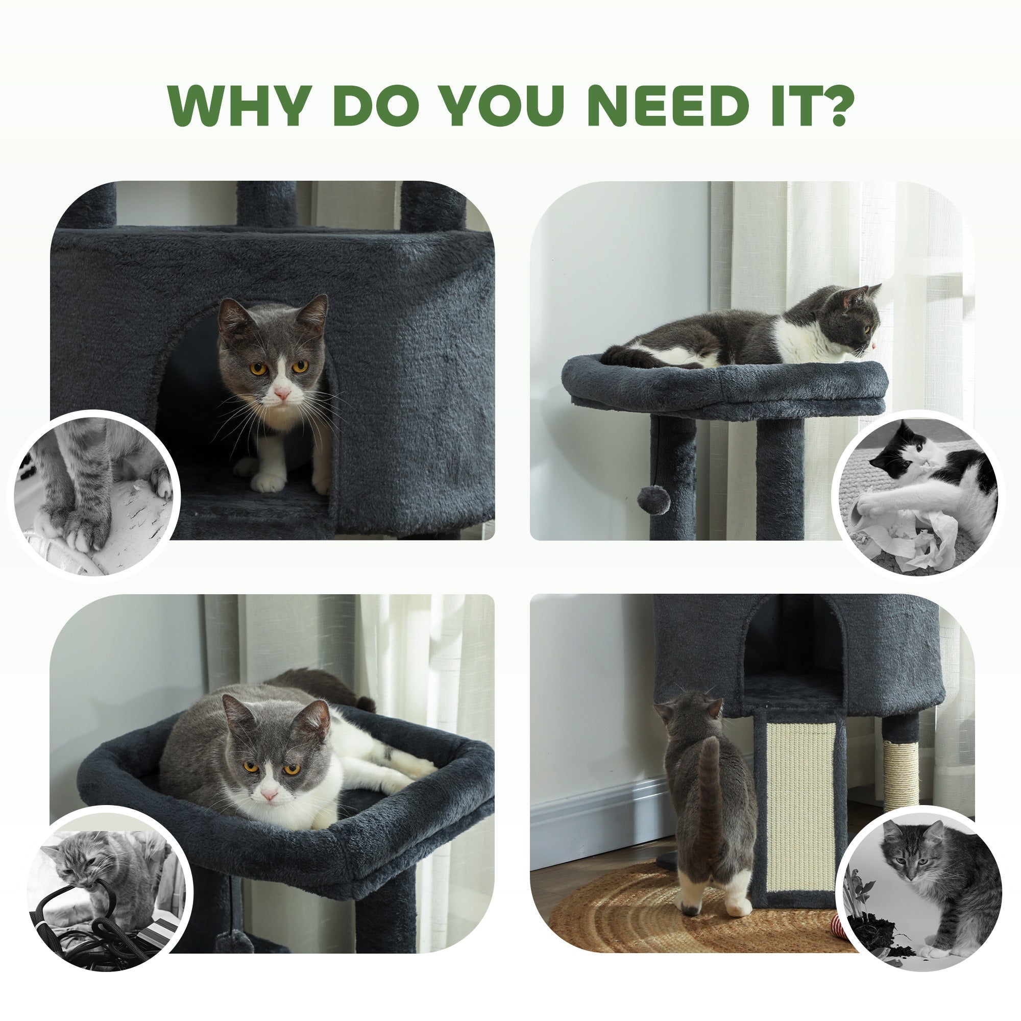 Cat Tree, 47 Inch Cat Tower with Large Cozy Condo, Hammock, Bed, Ladder, Toy Balls, Sisal Scratching Posts, for Indoor Kittens, Dark Grey