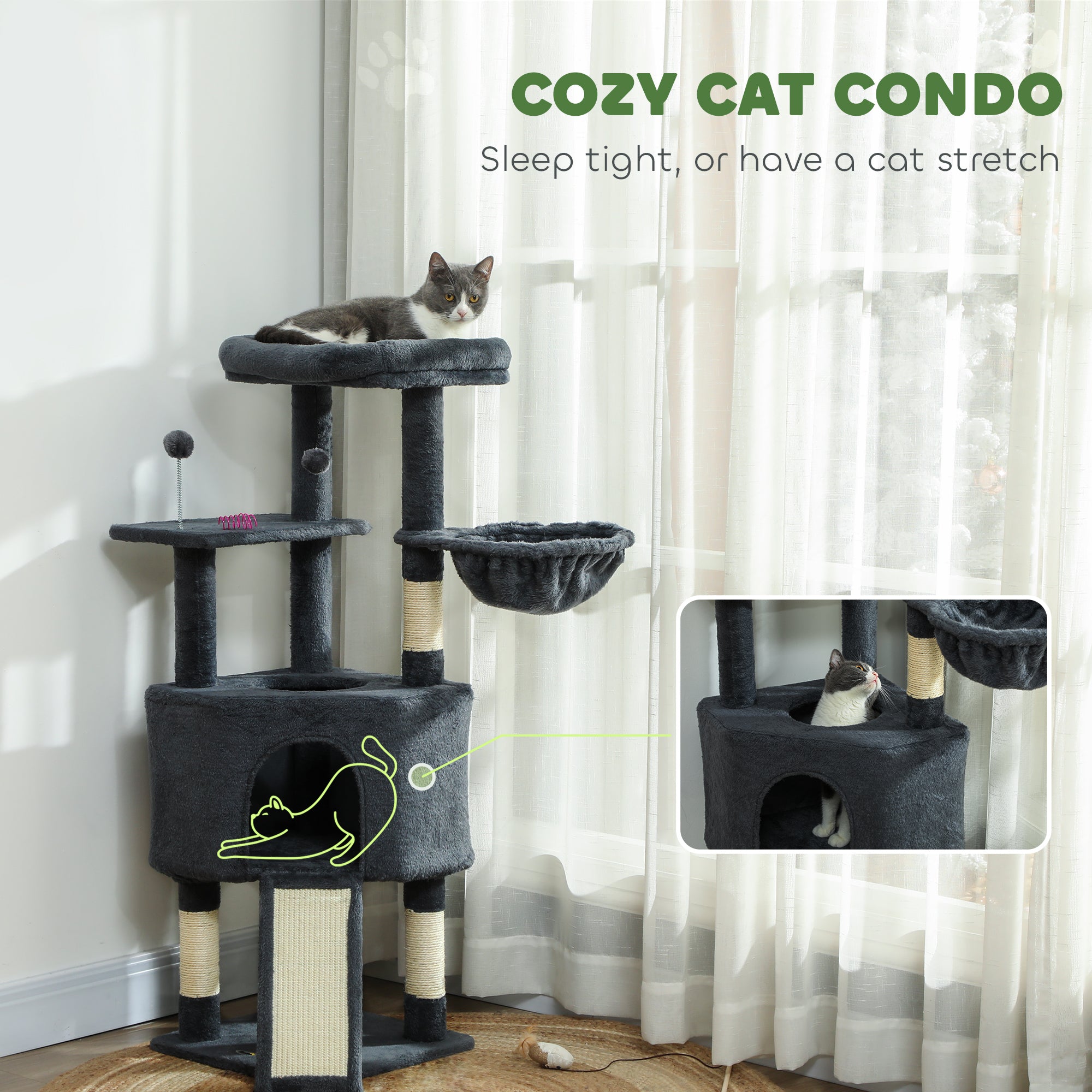Cat Tree, 47 Inch Cat Tower with Large Cozy Condo, Hammock, Bed, Ladder, Toy Balls, Sisal Scratching Posts, for Indoor Kittens, Dark Grey