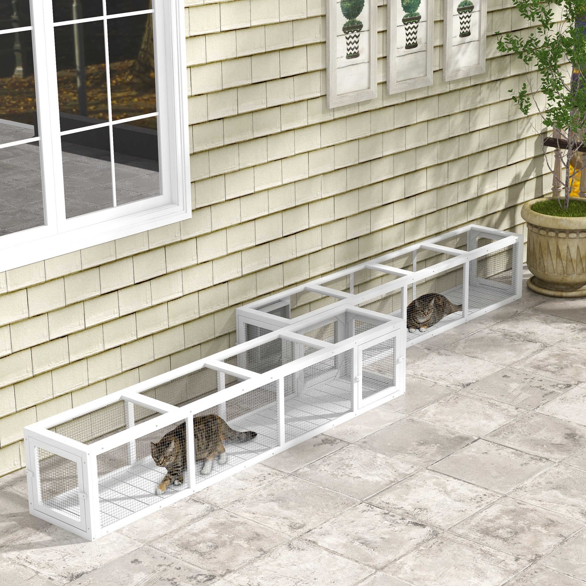 PawHut Outdoor Cat Tunnel with Extendable Design, 79" L Wooden Cat Run with Weather Protection, Connecting Inside and Outside, for Deck Patios, Balconies, White