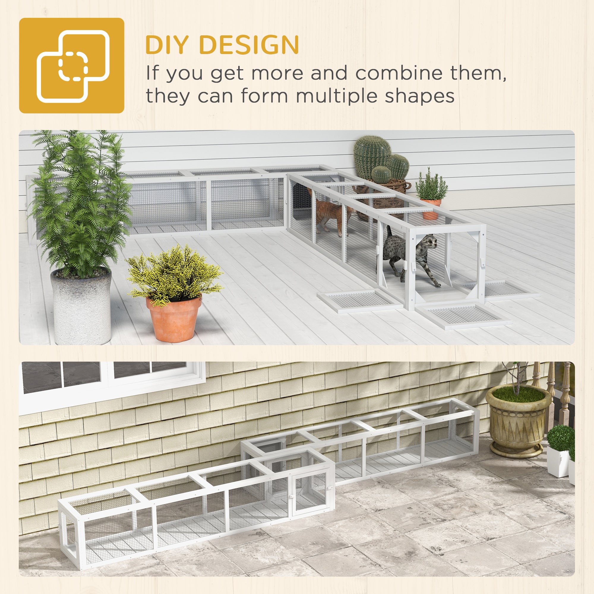 PawHut Outdoor Cat Tunnel with Extendable Design, 79" L Wooden Cat Run with Weather Protection, Connecting Inside and Outside, for Deck Patios, Balconies, White