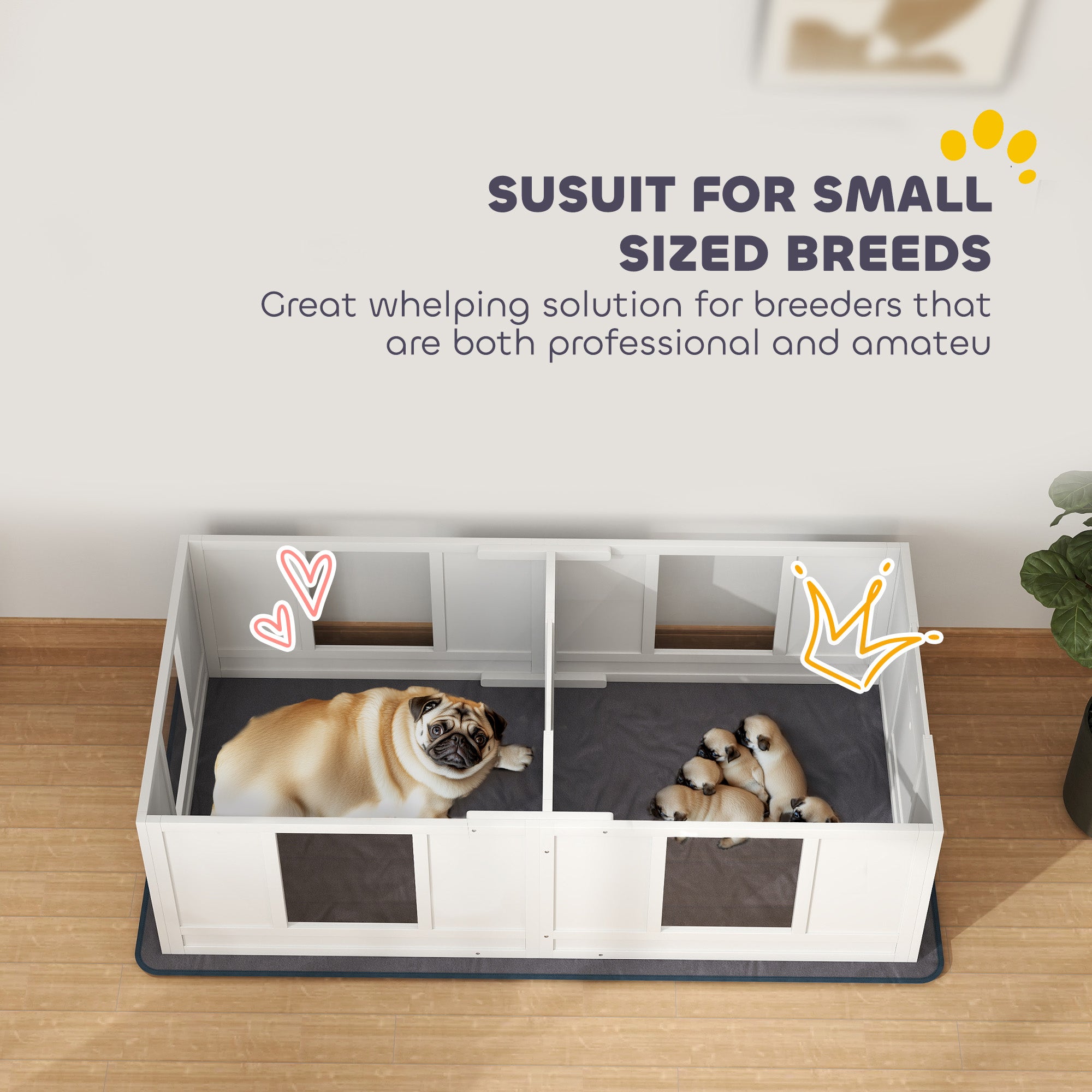 Whelping Box for Dogs with Water-Resistant Washable Whelping Pad, Dog Whelping Box with Clear Panels, Adjustable Entrance, Two Room Design, Non-Slip Foot Pads, for Small Dogs, 164 x 80cm