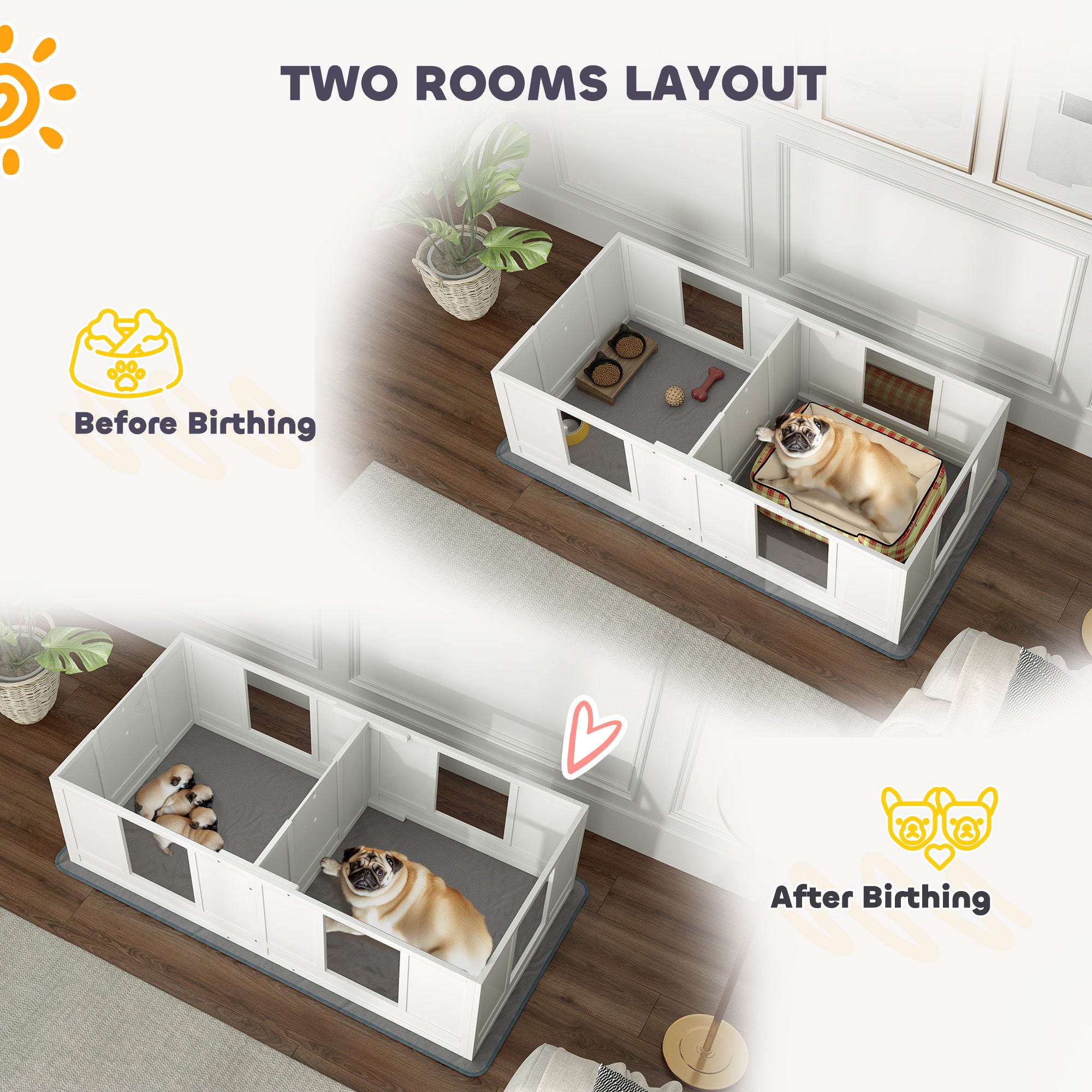 Whelping Box for Dogs with Water-Resistant Washable Whelping Pad, Dog Whelping Box with Clear Panels, Adjustable Entrance, Two Room Design, Non-Slip Foot Pads, for Small Dogs, 164 x 80cm