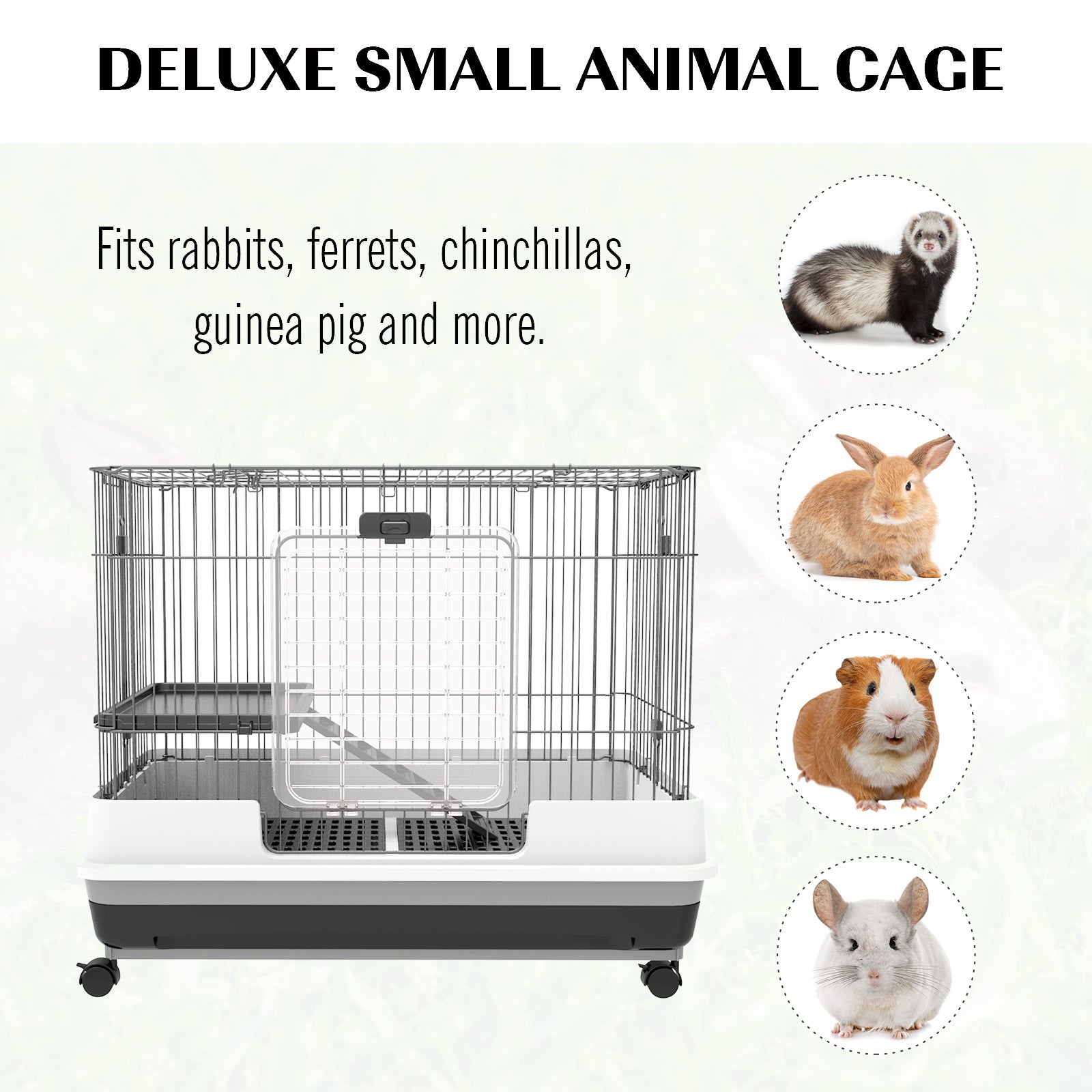 28"H 2-Level Small Animal Cage Rabbit Hutch with Universal Lockable Wheels, Slide-Out Tray for Bunny, Chinchillas, Ferret, Black