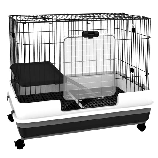 28"H 2-Level Small Animal Cage Rabbit Hutch with Universal Lockable Wheels, Slide-Out Tray for Bunny, Chinchillas, Ferret, Black