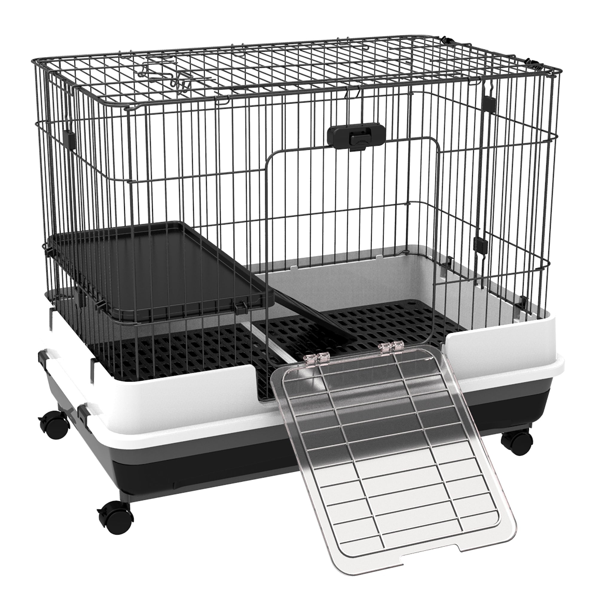 28"H 2-Level Small Animal Cage Rabbit Hutch with Universal Lockable Wheels, Slide-Out Tray for Bunny, Chinchillas, Ferret, Black