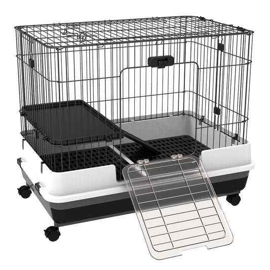 28"H 2-Level Small Animal Cage Rabbit Hutch with Universal Lockable Wheels, Slide-Out Tray for Bunny, Chinchillas, Ferret, Black