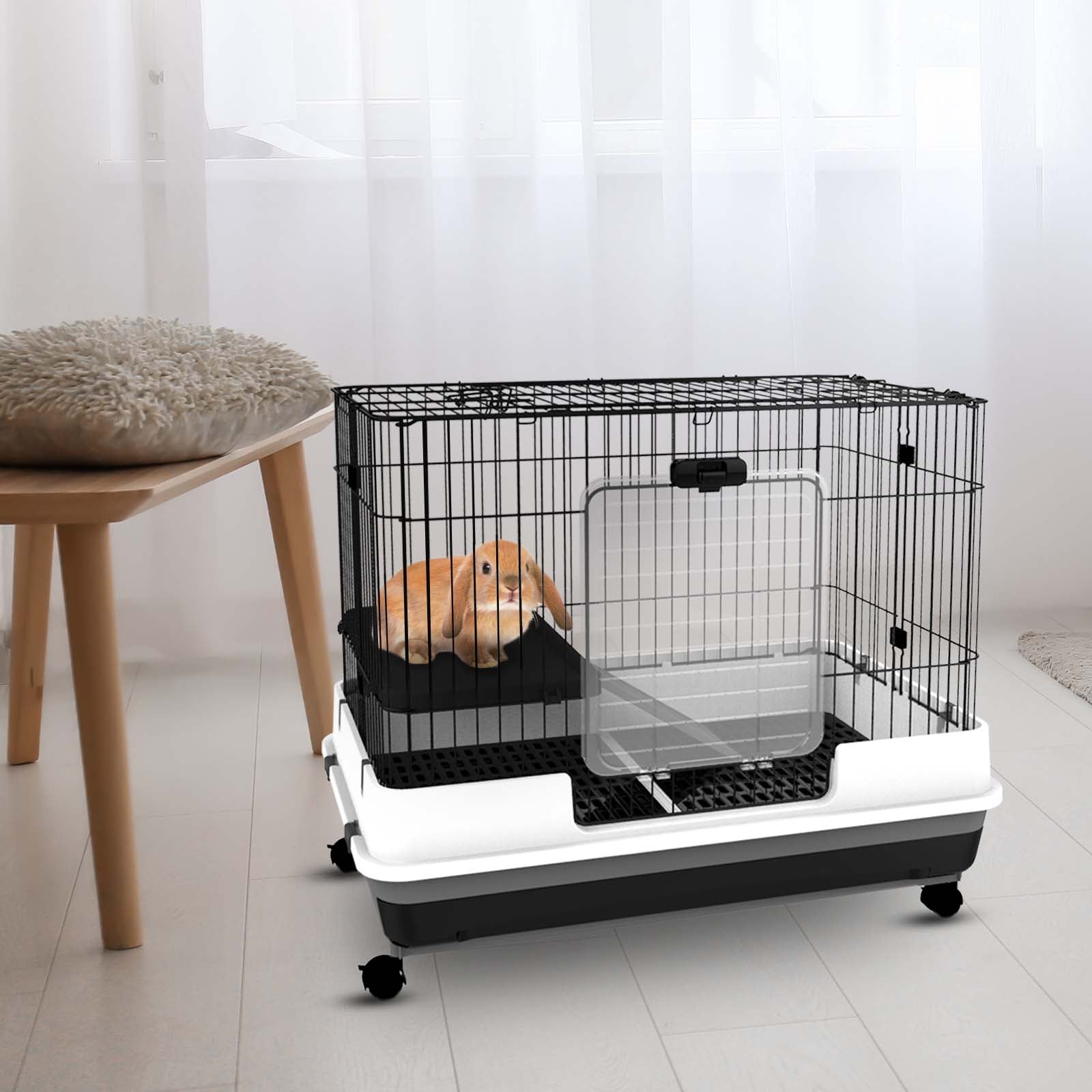 28"H 2-Level Small Animal Cage Rabbit Hutch with Universal Lockable Wheels, Slide-Out Tray for Bunny, Chinchillas, Ferret, Black