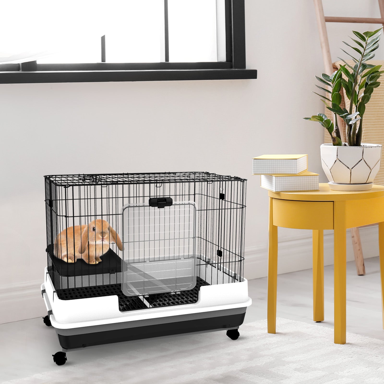 28"H 2-Level Small Animal Cage Rabbit Hutch with Universal Lockable Wheels, Slide-Out Tray for Bunny, Chinchillas, Ferret, Black