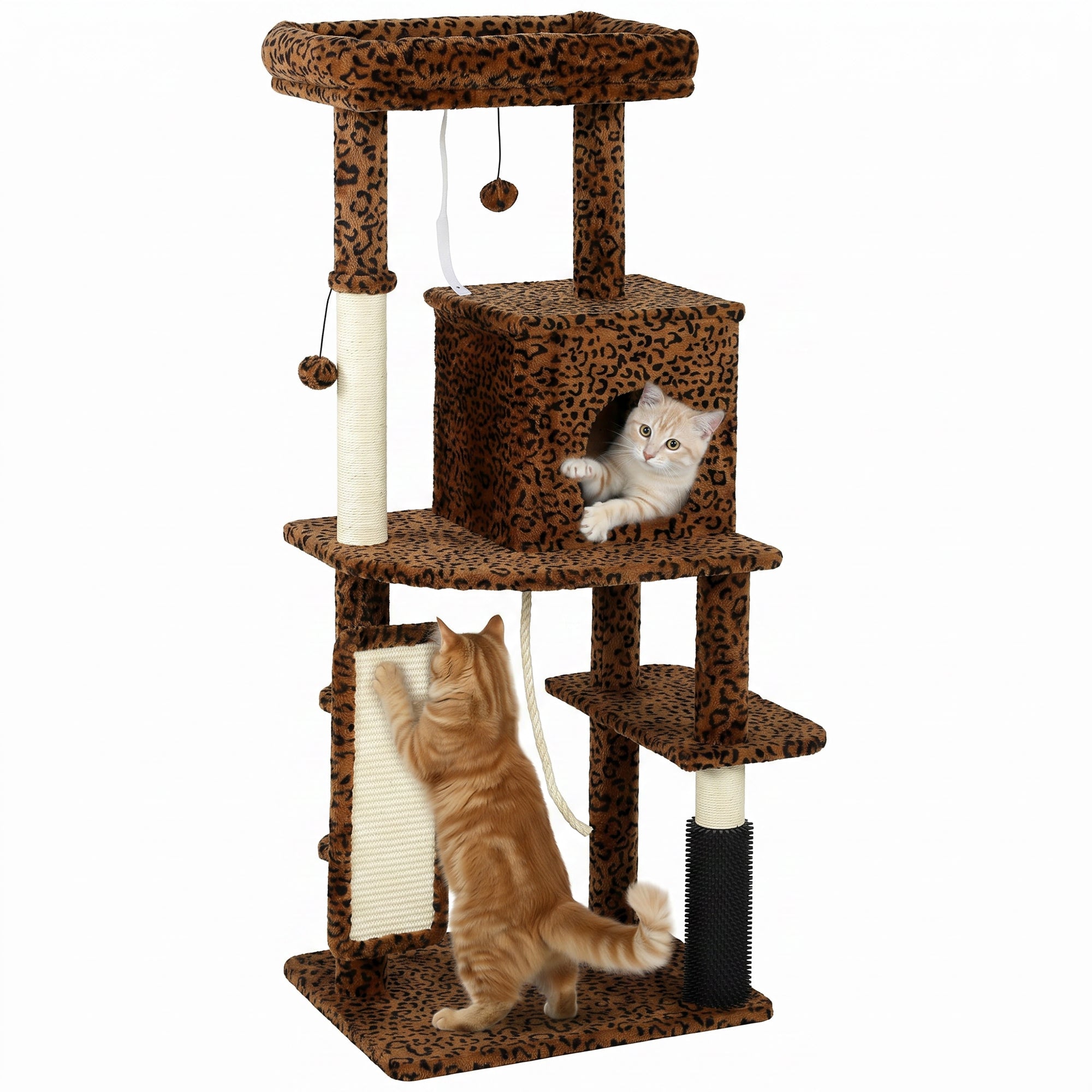 Cat Tree for Large Cat Adults, 52 Inch Cat Tower for Indoor Cats w/ Scratching Posts, Cat Bed, Condo, Jumping Platforms, Toy Balls, Anti-tip Kit, Leopard Print