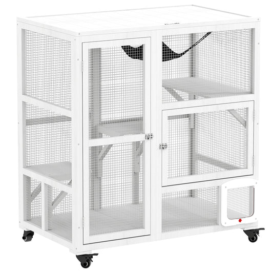 PawHut Indoor Wooden Catio, Cat House Cat Enclosure on Wheels with 3 Platforms, Hammock, Cat Flap Door & Openable Top, Luxury Kitty House for 2 Cats, 39", White