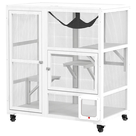PawHut Indoor Wooden Catio, Cat House Cat Enclosure on Wheels with 3 Platforms, Hammock, Cat Flap Door & Openable Top, Luxury Kitty House for 2 Cats, 39", White