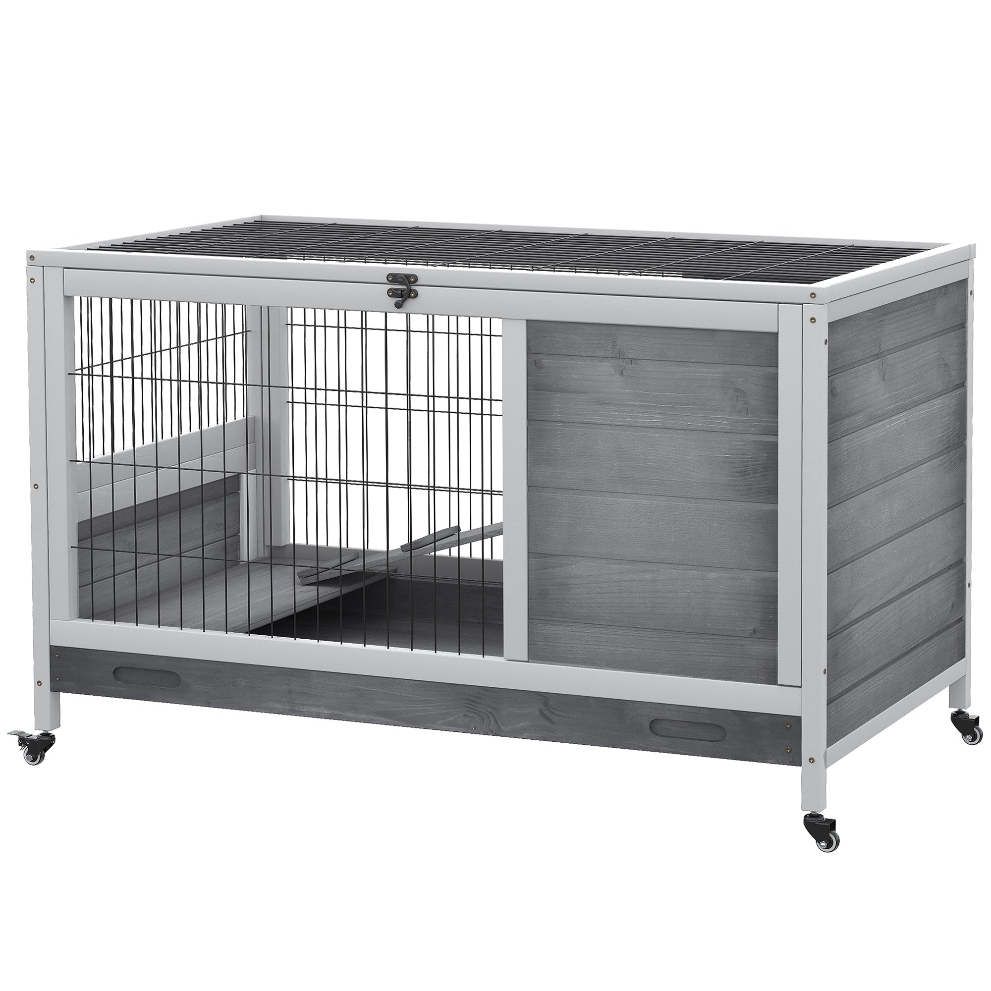 Wooden Rabbit Hutch Indoor Outdoor, Elevated Bunny Cage with No Leak Tray Enclosed Run with Wheels, for Rabbits, Chickens, Ducks, Guinea Pigs and Small Animals, Gray