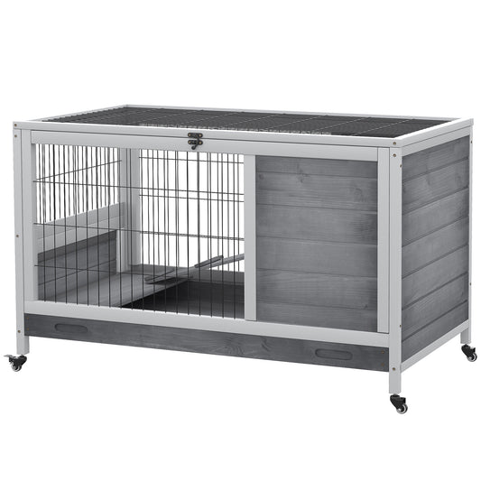 Wooden Rabbit Hutch Indoor Outdoor, Elevated Bunny Cage with No Leak Tray Enclosed Run with Wheels, for Rabbits, Chickens, Ducks, Guinea Pigs and Small Animals, Gray