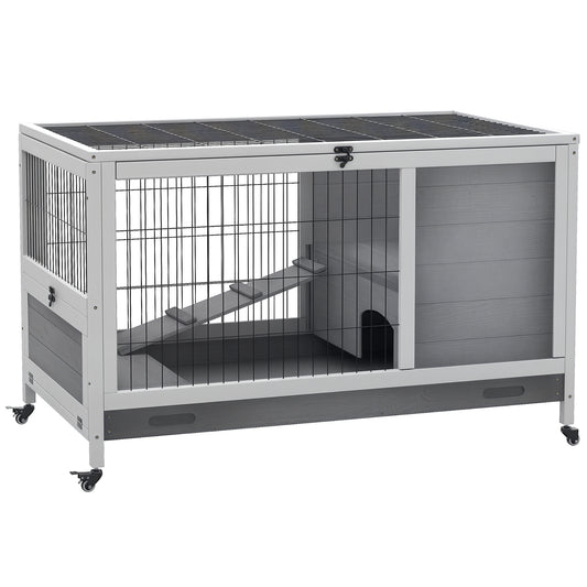 Wooden Rabbit Hutch Indoor Outdoor, Elevated Bunny Cage with No Leak Tray Enclosed Run with Wheels, for Rabbits, Chickens, Ducks, Guinea Pigs and Small Animals, Gray