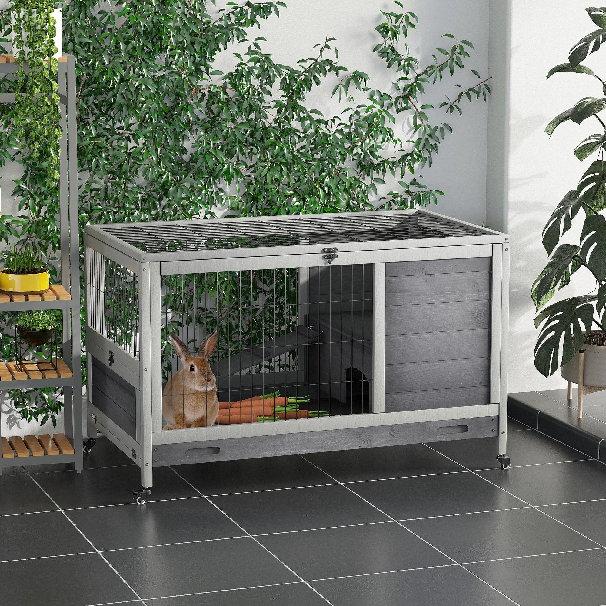 Wooden Rabbit Hutch Indoor Outdoor, Elevated Bunny Cage with No Leak Tray Enclosed Run with Wheels, for Rabbits, Chickens, Ducks, Guinea Pigs and Small Animals, Gray