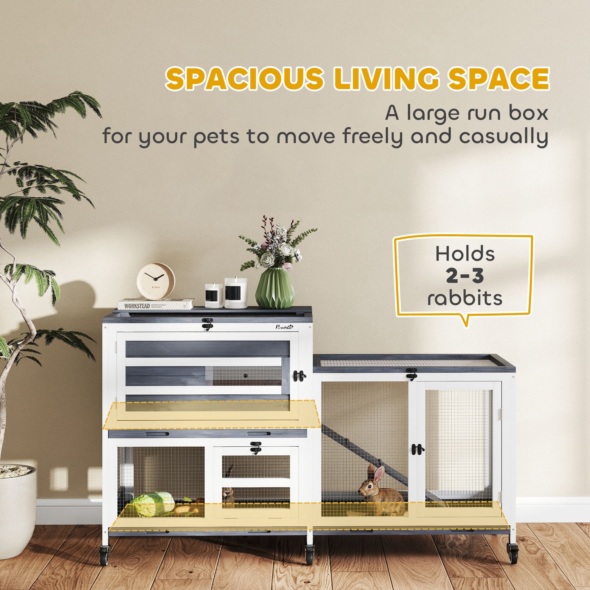 Rabbit Hutch with Run, 2-Tier Wooden Guinea Pig Hutch with Wheels, 2 Openable Tops, 3 Plastic Trays, Small Animal House Indoor for 2-3 Bunnies, Guinea Pigs, 147 x 45 x 89.5cm, Grey
