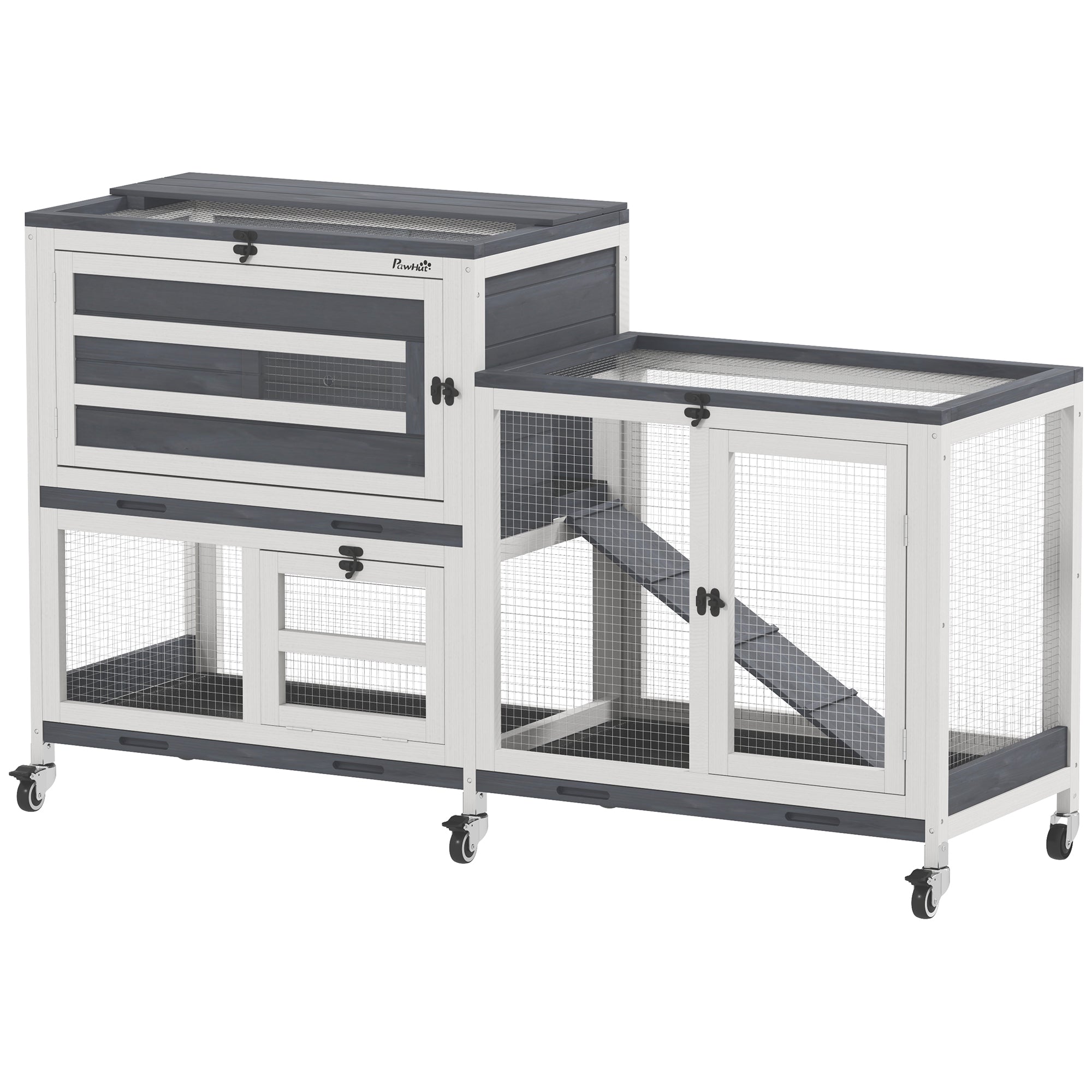 Rabbit Hutch with Run, 2-Tier Wooden Guinea Pig Hutch with Wheels, 2 Openable Tops, 3 Plastic Trays, Small Animal House Indoor for 2-3 Bunnies, Guinea Pigs, 147 x 45 x 89.5cm, Grey