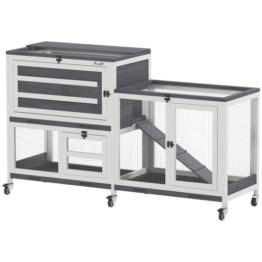 Rabbit Hutch with Run, 2-Tier Wooden Guinea Pig Hutch with Wheels, 2 Openable Tops, 3 Plastic Trays, Small Animal House Indoor for 2-3 Bunnies, Guinea Pigs, 147 x 45 x 89.5cm, Grey
