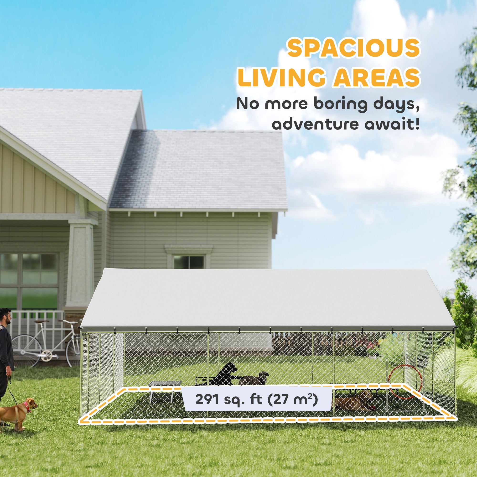 Outdoor Dog Kennel, 20' x 15' x 8', Heavy Duty Large Dog Kennel Outside w/ Waterproof Roof, Galvanized Chain Link Pet Enclosure w/ 2 Secure Locks, for Large Breed, Chicken, Duck