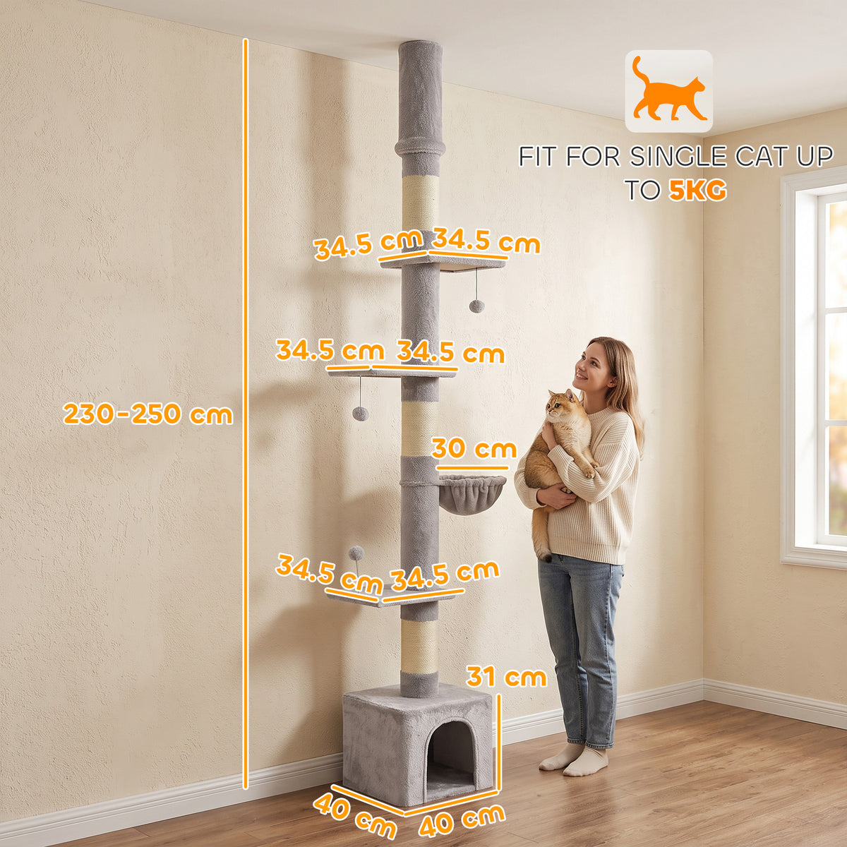 Floor to Ceiling Cat Tree, 230-250cm Multi-Level Cat Tower with Adjustable Height, Scratching Posts, Condo, Platforms and 3 Dangling Balls, Activity Tree for Indoor Kittens, Light Grey